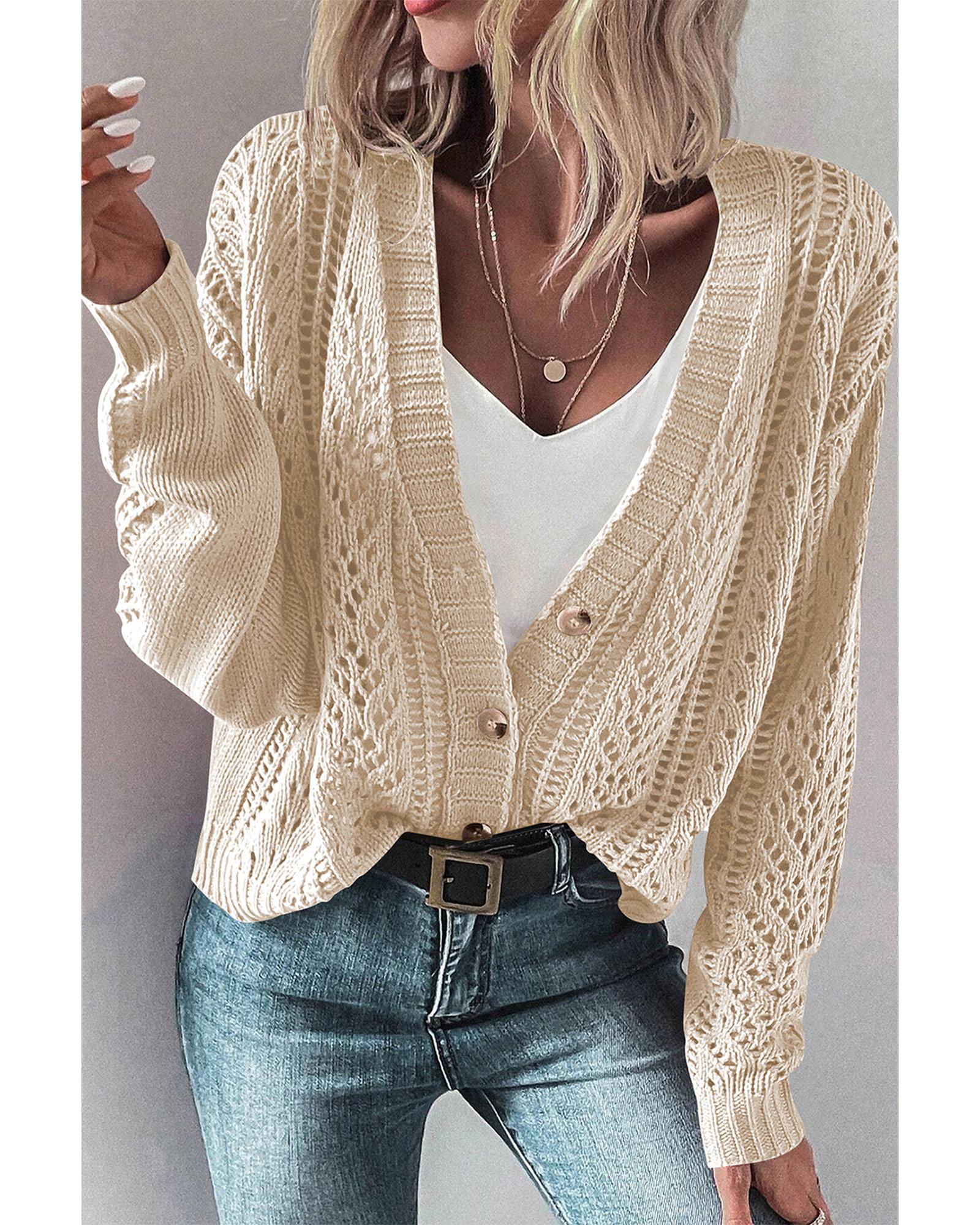 V539-AZEXDC2711785-P15-XL-202508281330-00 Beige Open Knit Drop Shoulder Sweater Cardigan - XL - Image 1