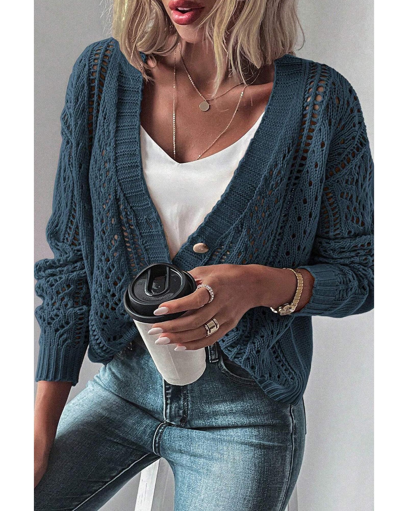 V539-AZEXDC2711785-P705-M-202508292005-00 Real Teal Open Knit Drop Shoulder Sweater Cardigan - M - Image 1