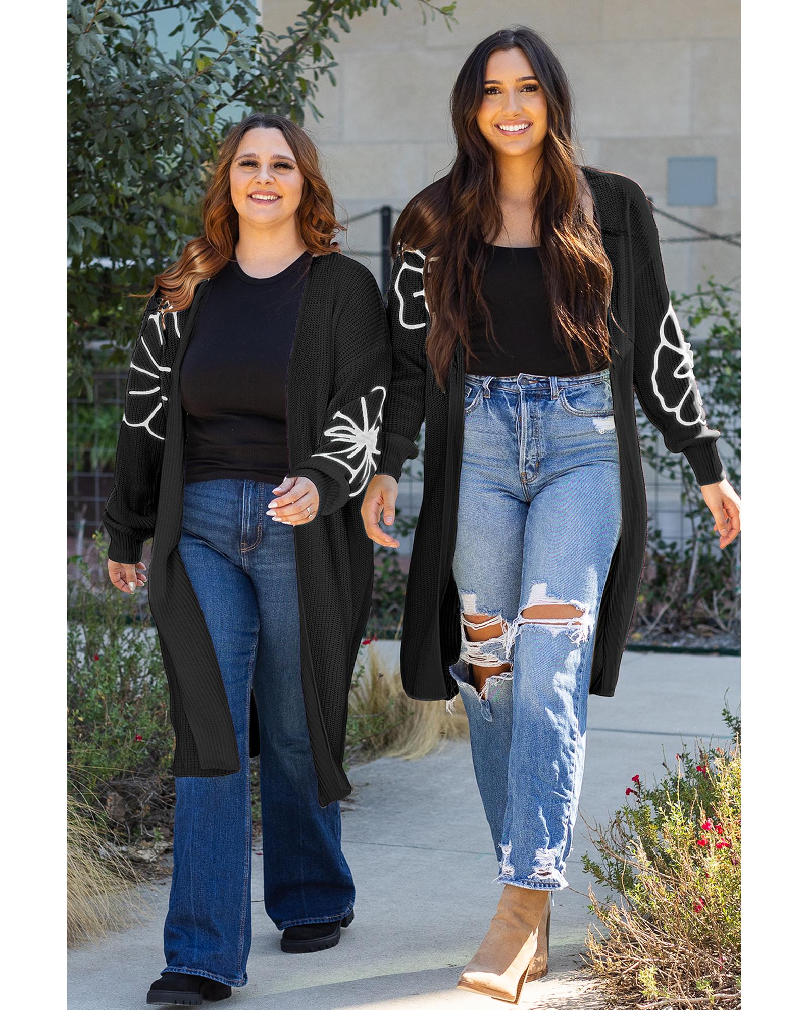 V539-AZEXDC2711808-P2-XL-202508280600-00 Black Flower Embroidered Drop Shoulder Open Front Duster Cardigan - XL - Image 1