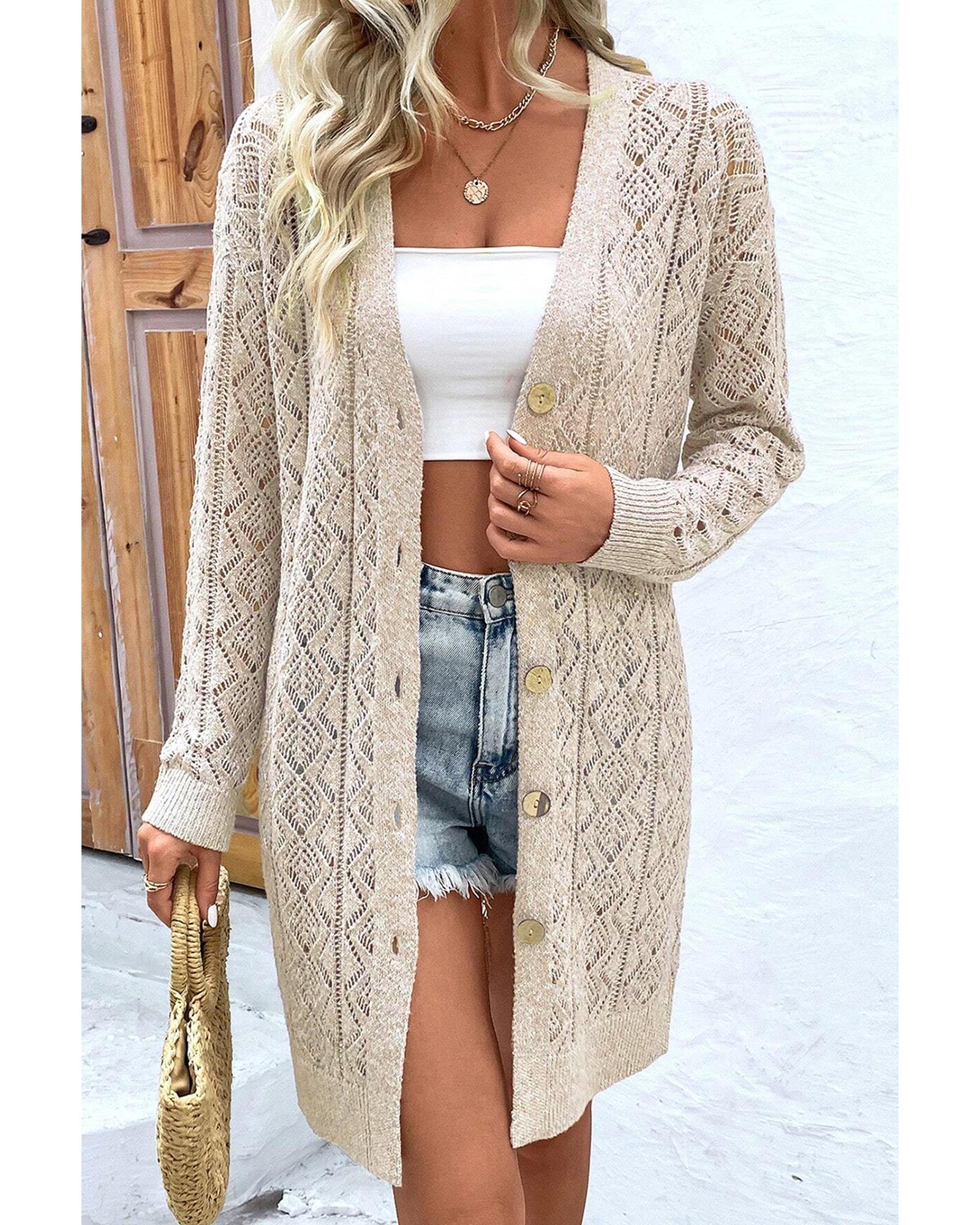 V539-AZEXDC2711894-P6016-L-202508292110-00 Parchment Hollow Out Buttons Front Long Cardigan - L - Image 1