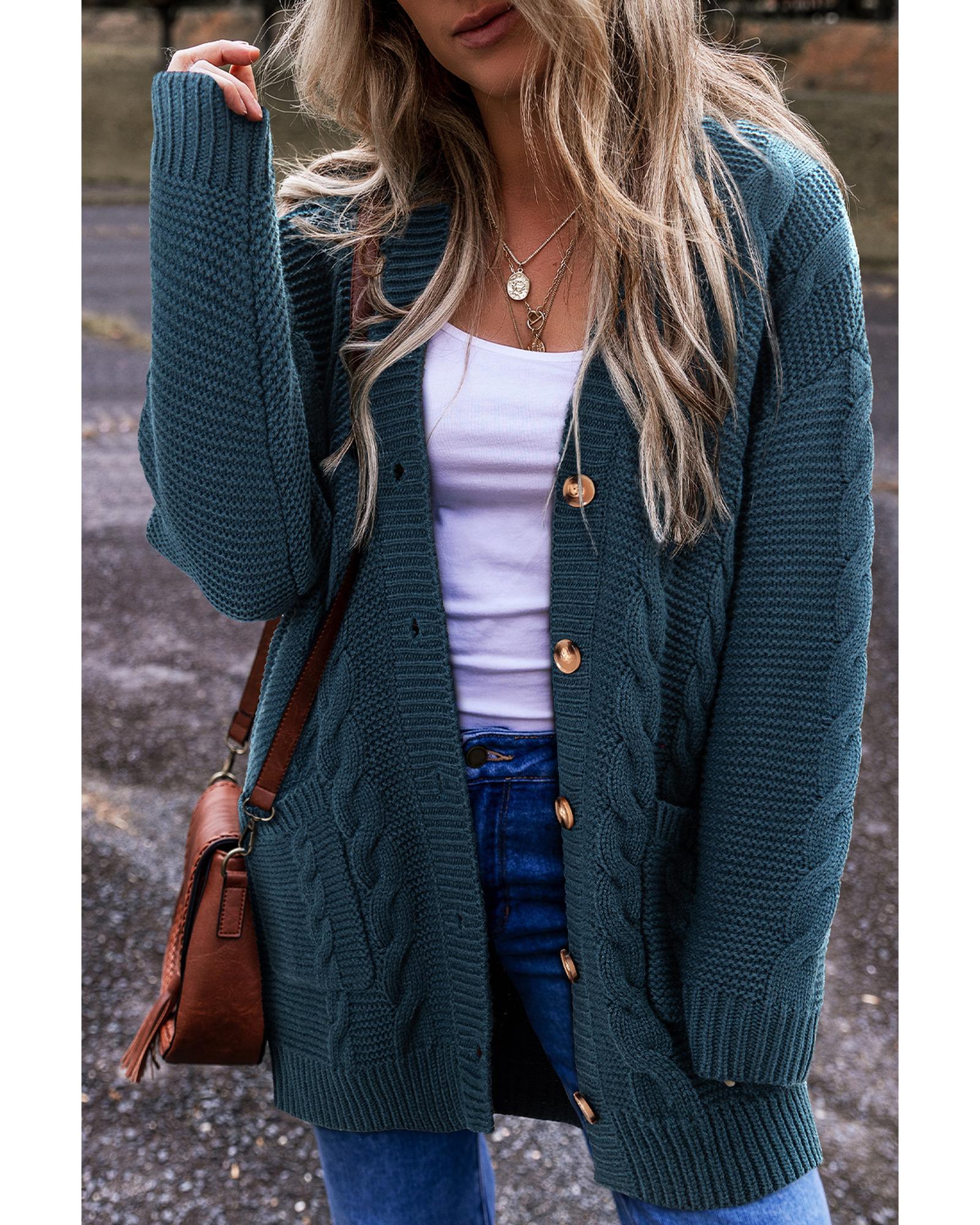 V539-AZEXDC2711942-P405-M-202508281050-00 Peacock Blue Cable Knit Button Front Pocketed Baggy Cardigan - M - Image 1