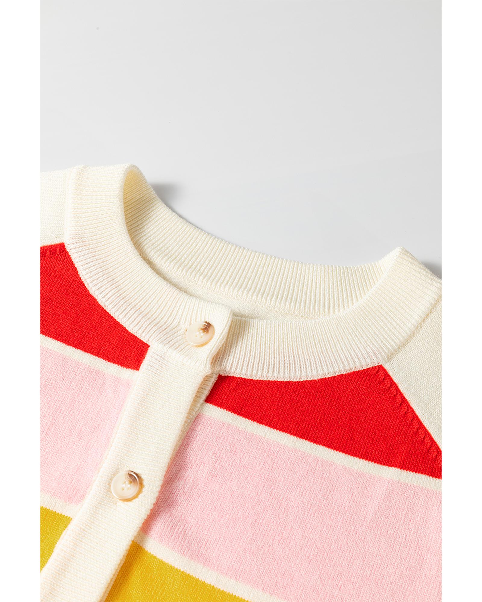 V539-AZEXDC2712031-P119-L-202508290040-00 White Stripe Colorful Pattern Button Front Sweater Cardigan - L - Image 1