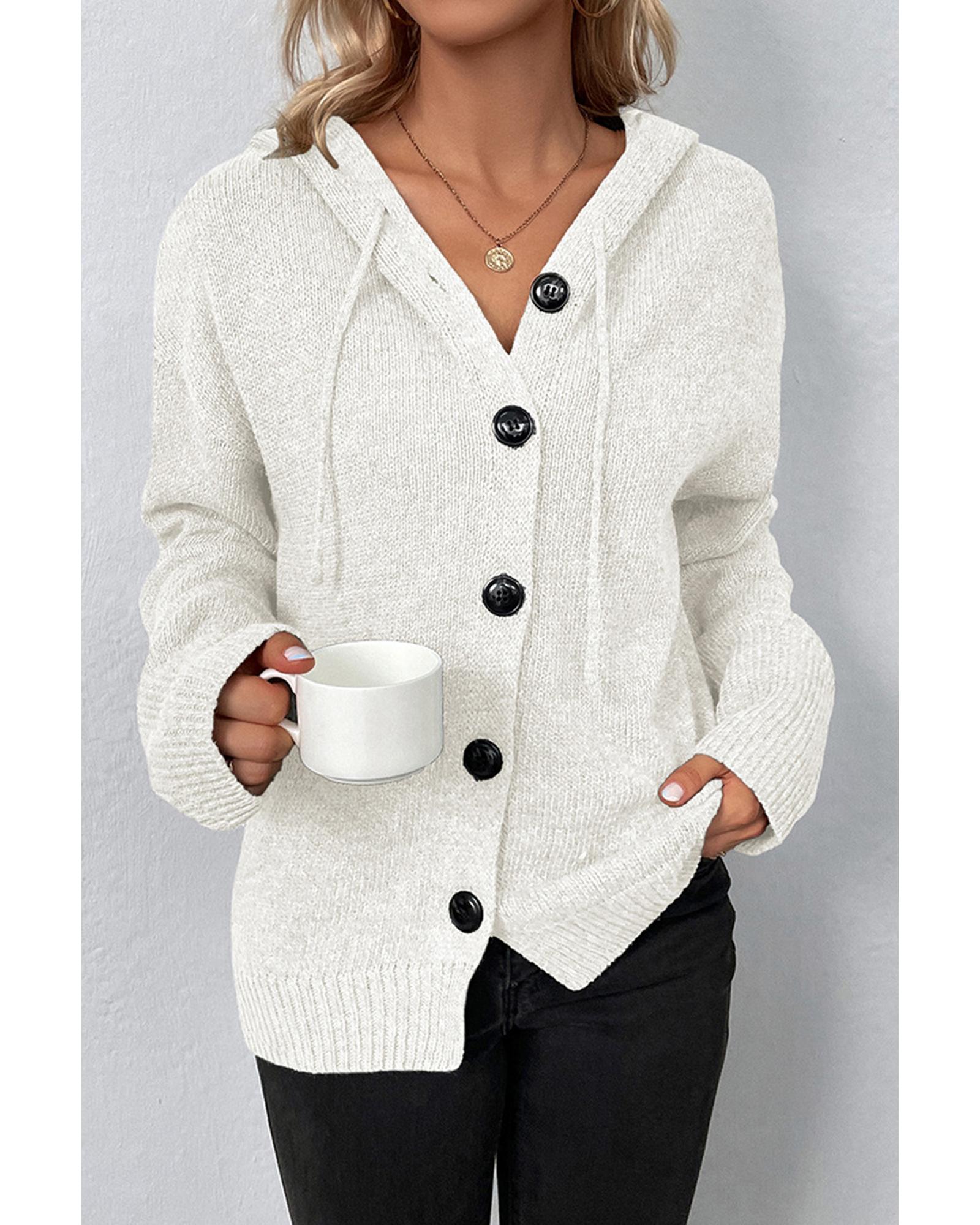 V539-AZEXDC2712109-P1-S-202506131921-00 White Drawstring Hooded Button Up Drop Shoulder Sweater Cardigan - S - Image 1