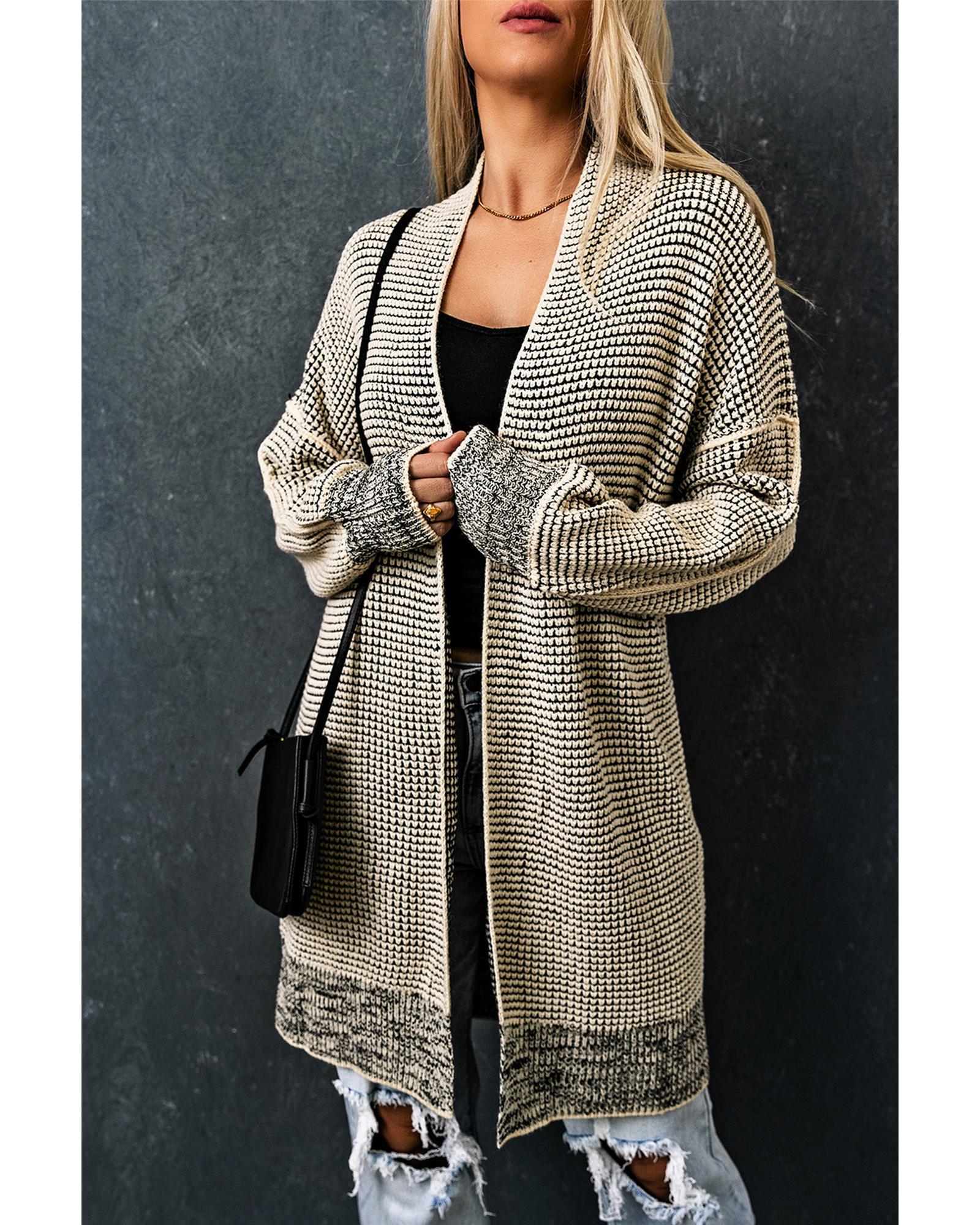 V539-AZEXDC271468-18-XL-202508281535-00 Apricot Plaid Knitted Long Open Front Cardigan - XL - Image 1