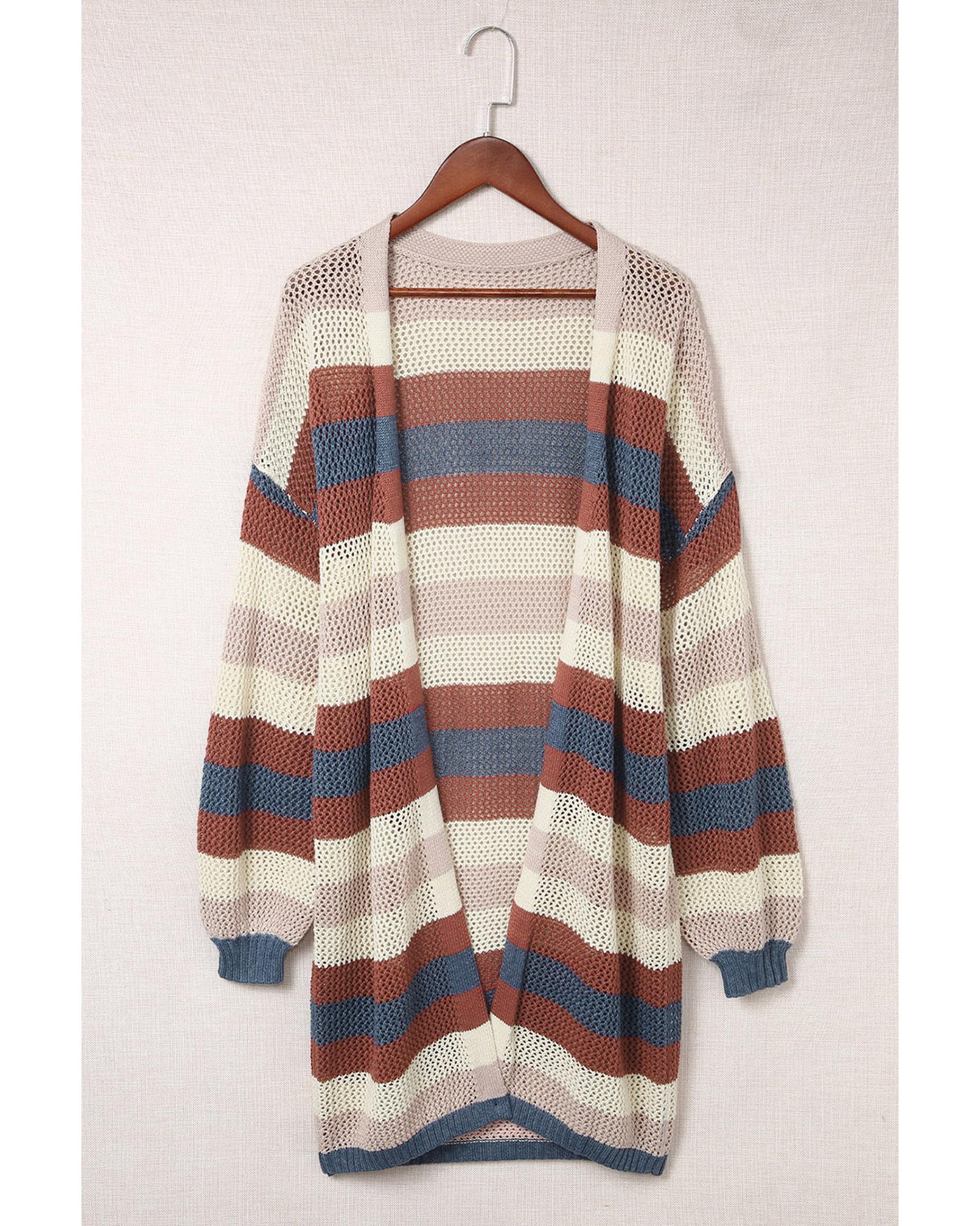 V539-AZEXDC271655-5-S-202506131946-00 Blue Striped Color Block Hollowed Knit Cardigan - S - Image 1