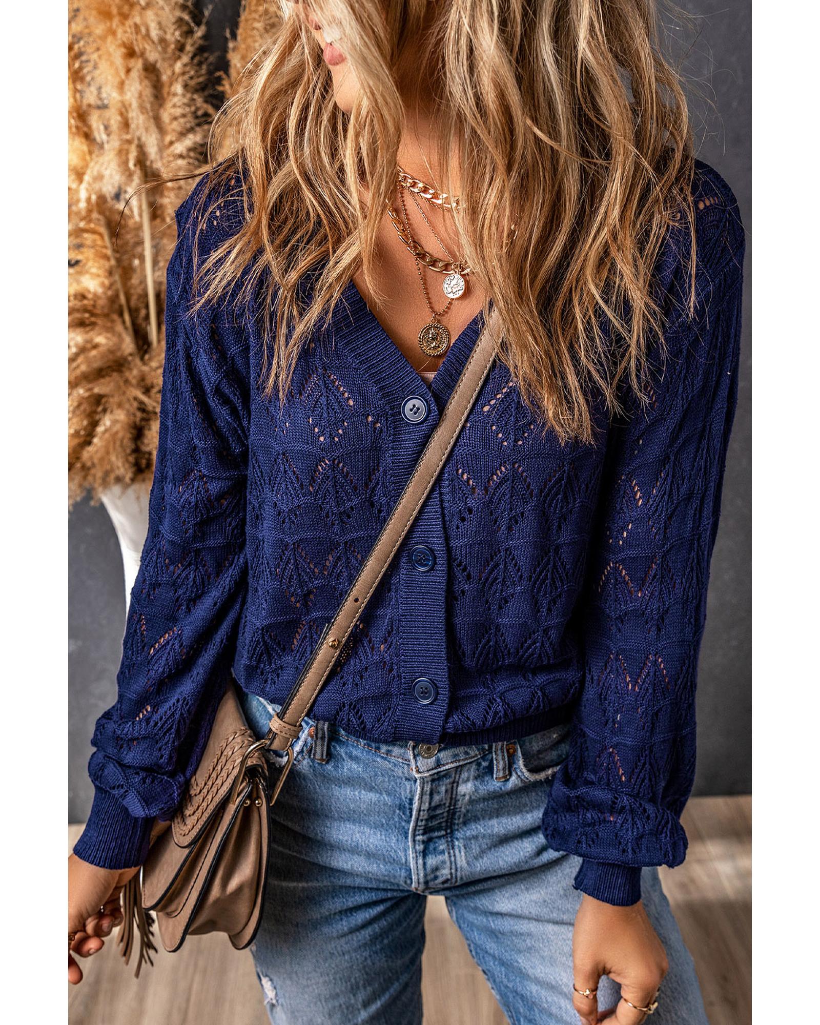 V539-AZEXDC271897-5-M-202508292210-00 Blue Lightweight Buttoned Front Crochet Cardigan - M - Image 1