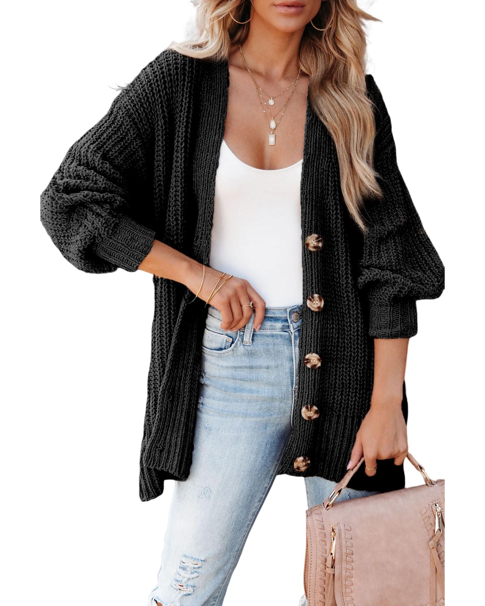 V539-AZEXDC271924-2-S-202506132037-00 Black Buttoned Front Drop Shoulder Knitted Cardigan - S - Image 1