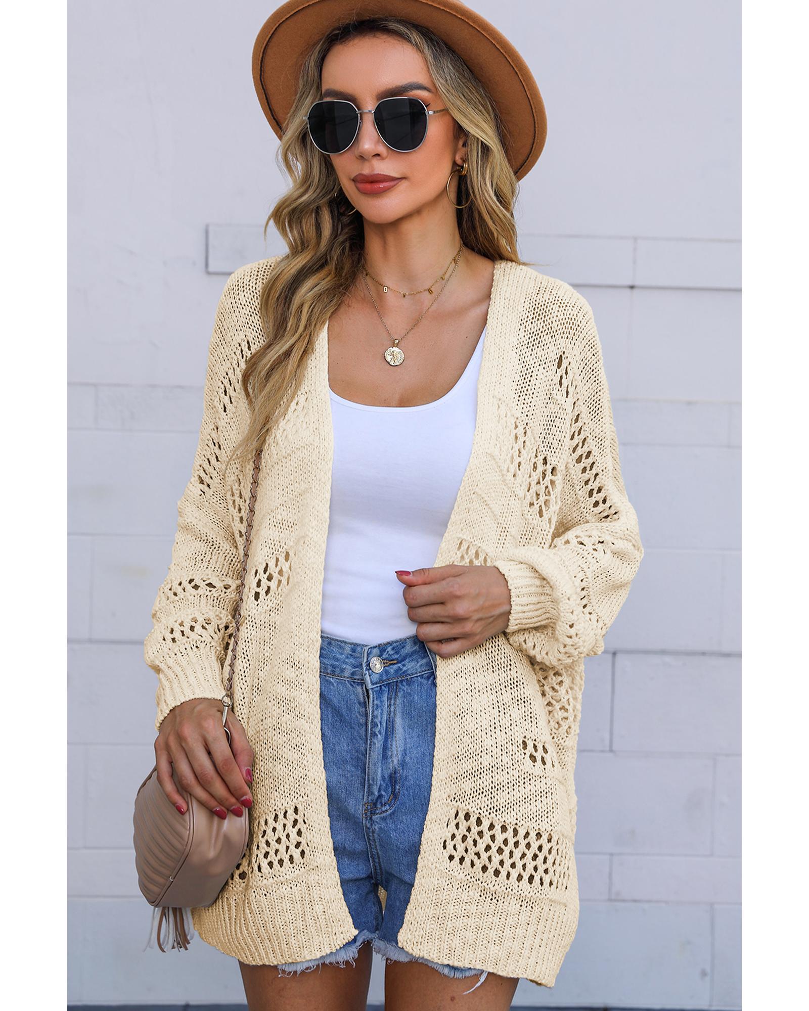 V539-AZEXDC271960-18-M-202508290015-00 Apricot Casual Hollowed Knit Dolman Sleeve Cardigan - M - Image 1