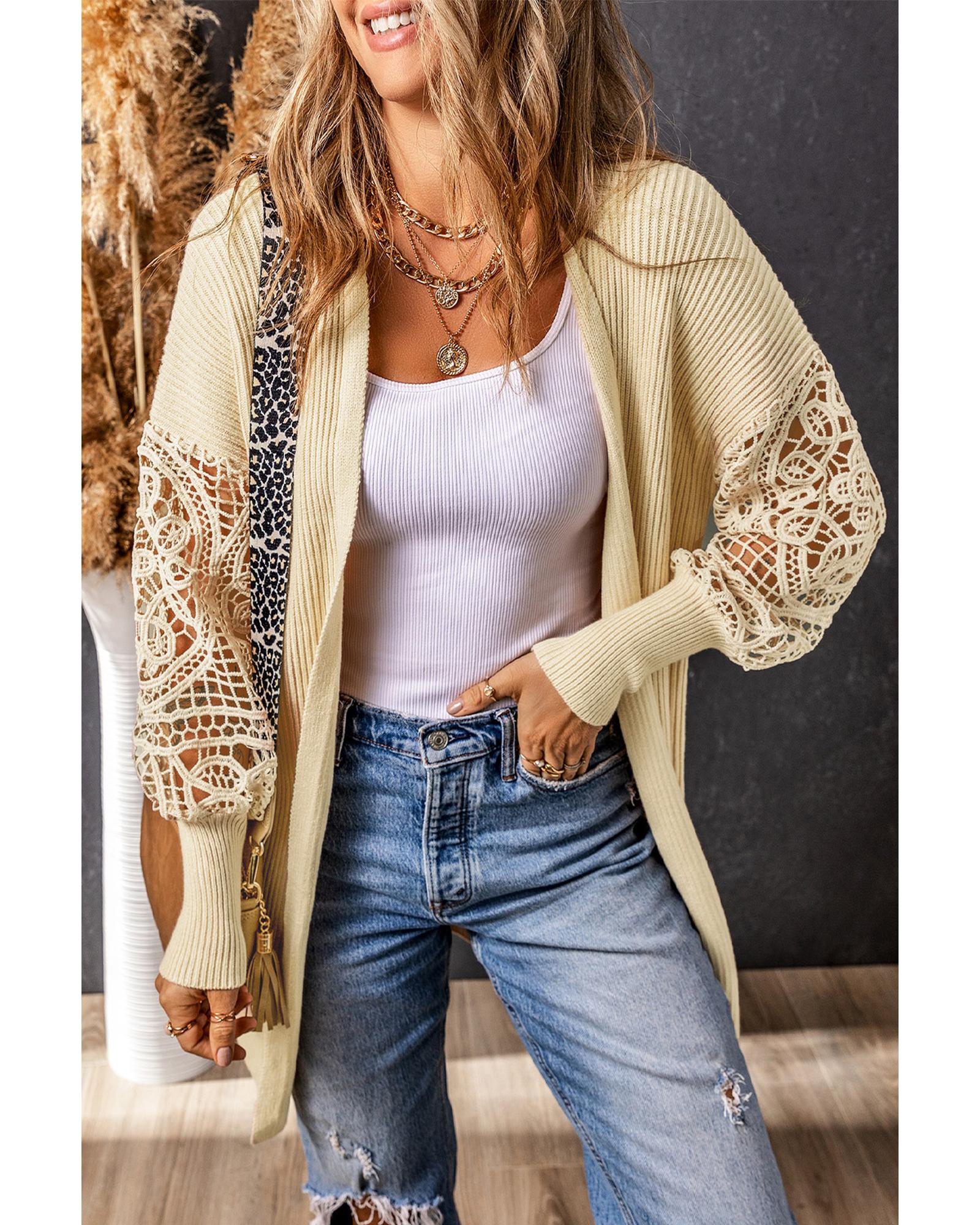 V539-AZEXDC271973-18-L-202508291545-00 Apricot Crochet Lace Sleeve Ribbed Knit Cardigan - L - Image 1