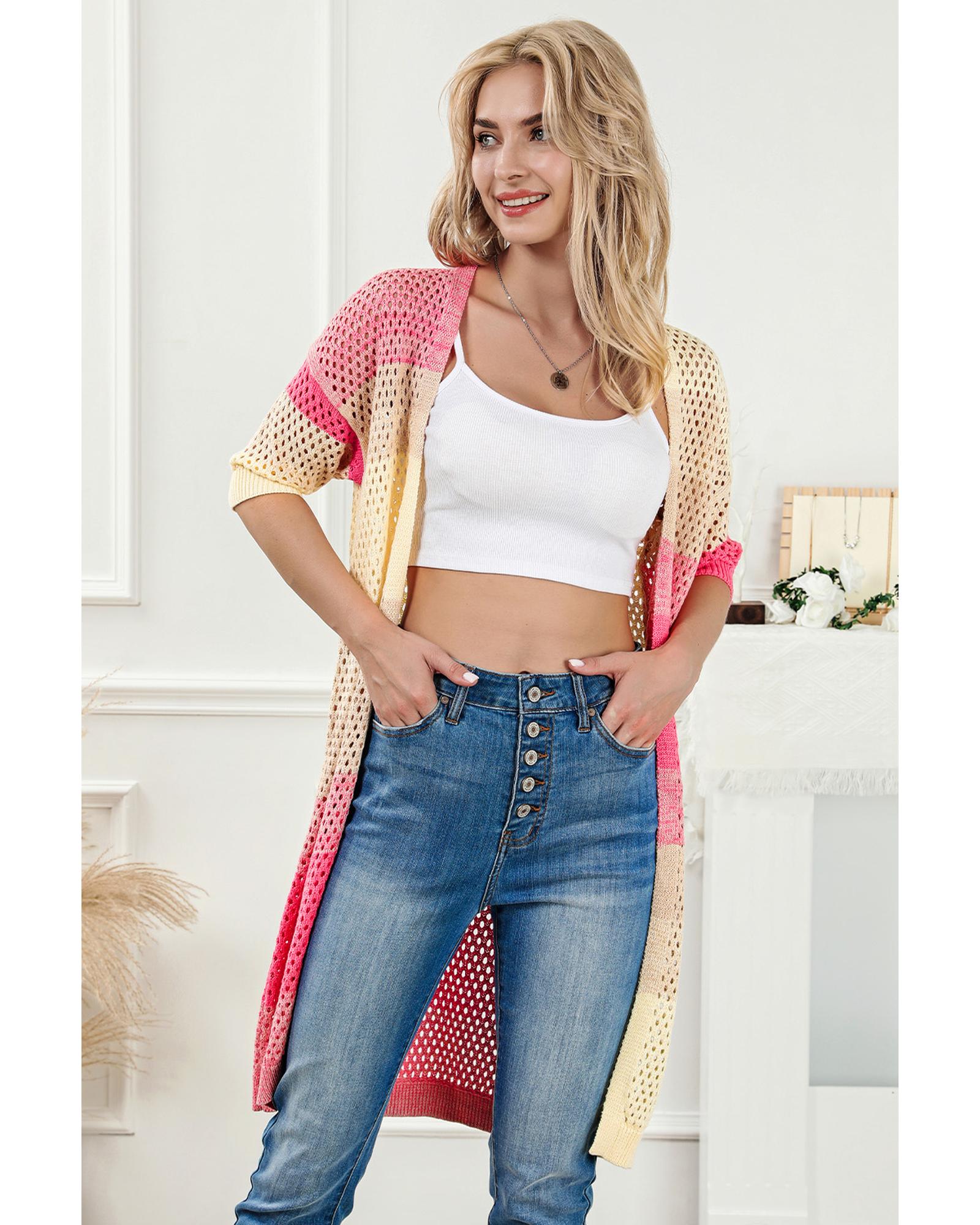 V539-AZEXDC271985-10-XL-202508280425-00 Azura Exchange Pink Ribbed Short Sleeve Ombre Eyelet Knitted Cardigan - XL - Image 1