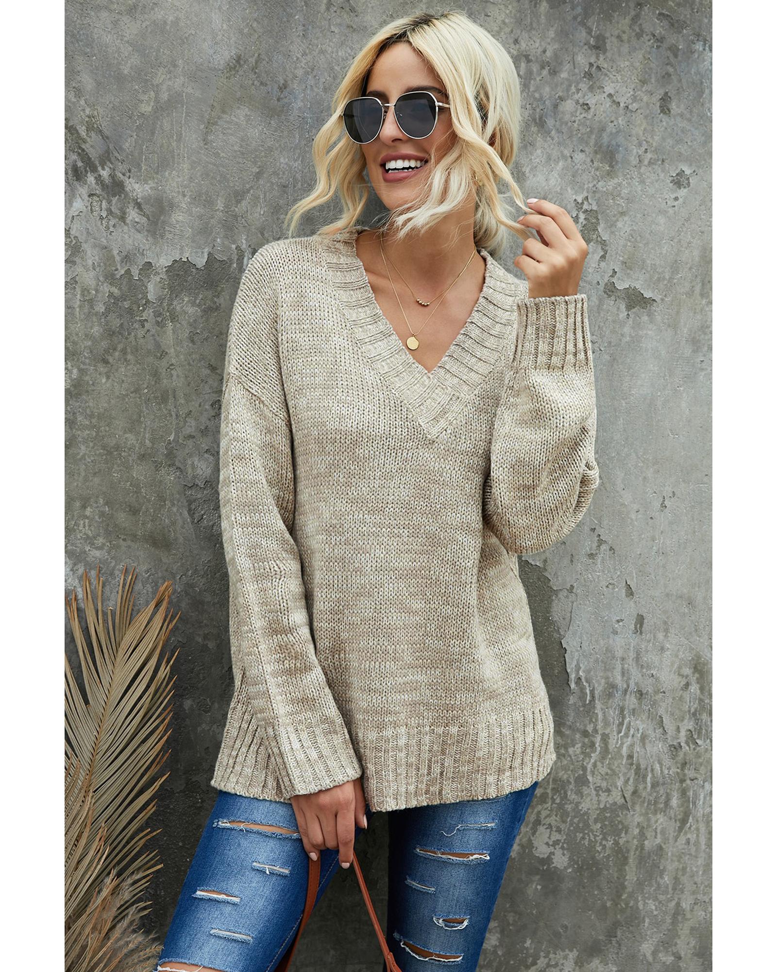 V539-AZEXDC2721139-16-2XL-202508291820-00 Khaki V neck Drop Shoulder Knitted Sweater - 2XL - Image 1