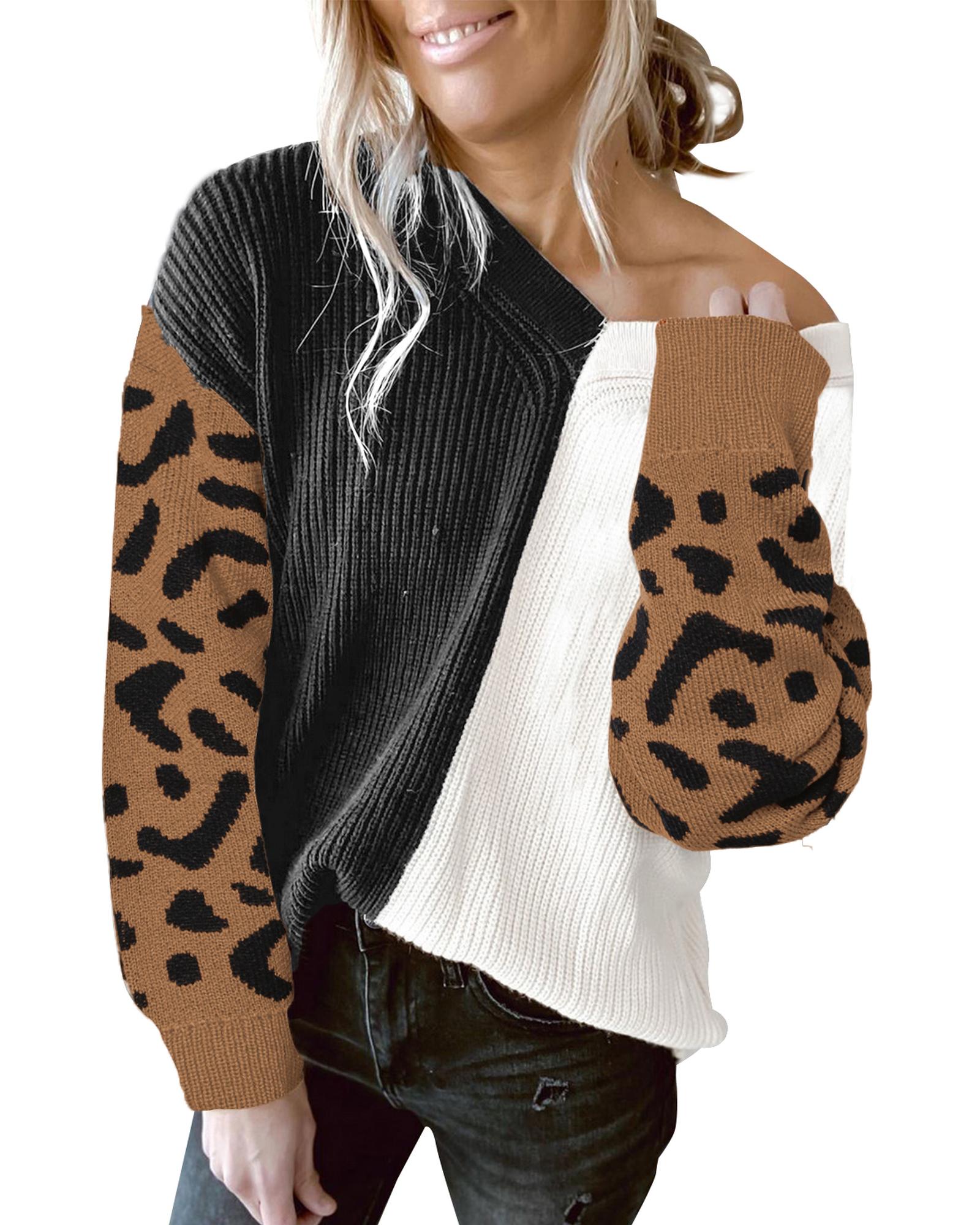 V539-AZEXDC2721180-20-L-202508280210-00 Azura Exchange Leopard Print Contrast Color V Neck Sweater - L - Image 1