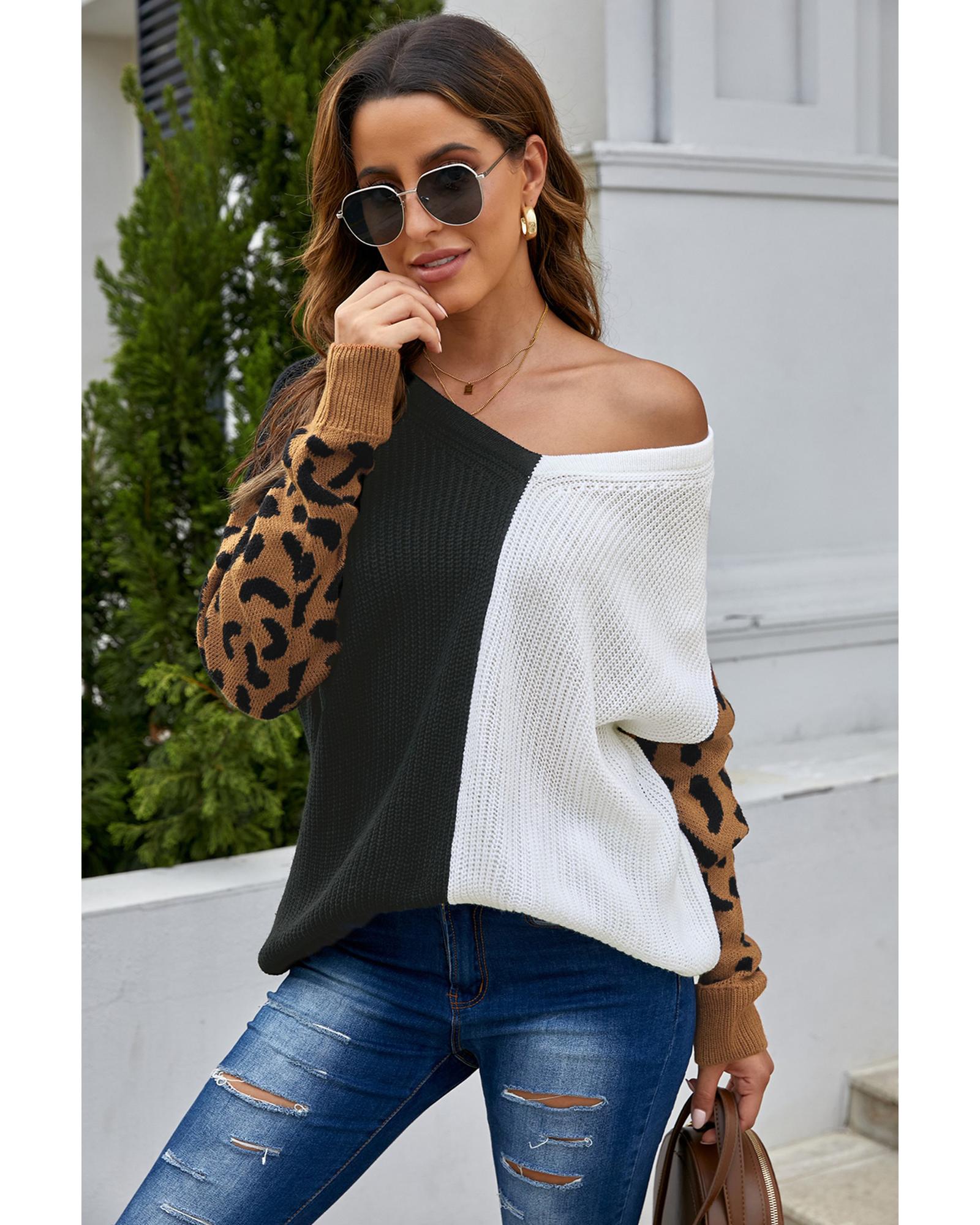 V539-AZEXDC2721180-20-XL-202508280610-00 Azura Exchange Leopard Print Contrast Color V Neck Sweater - XL - Image 1