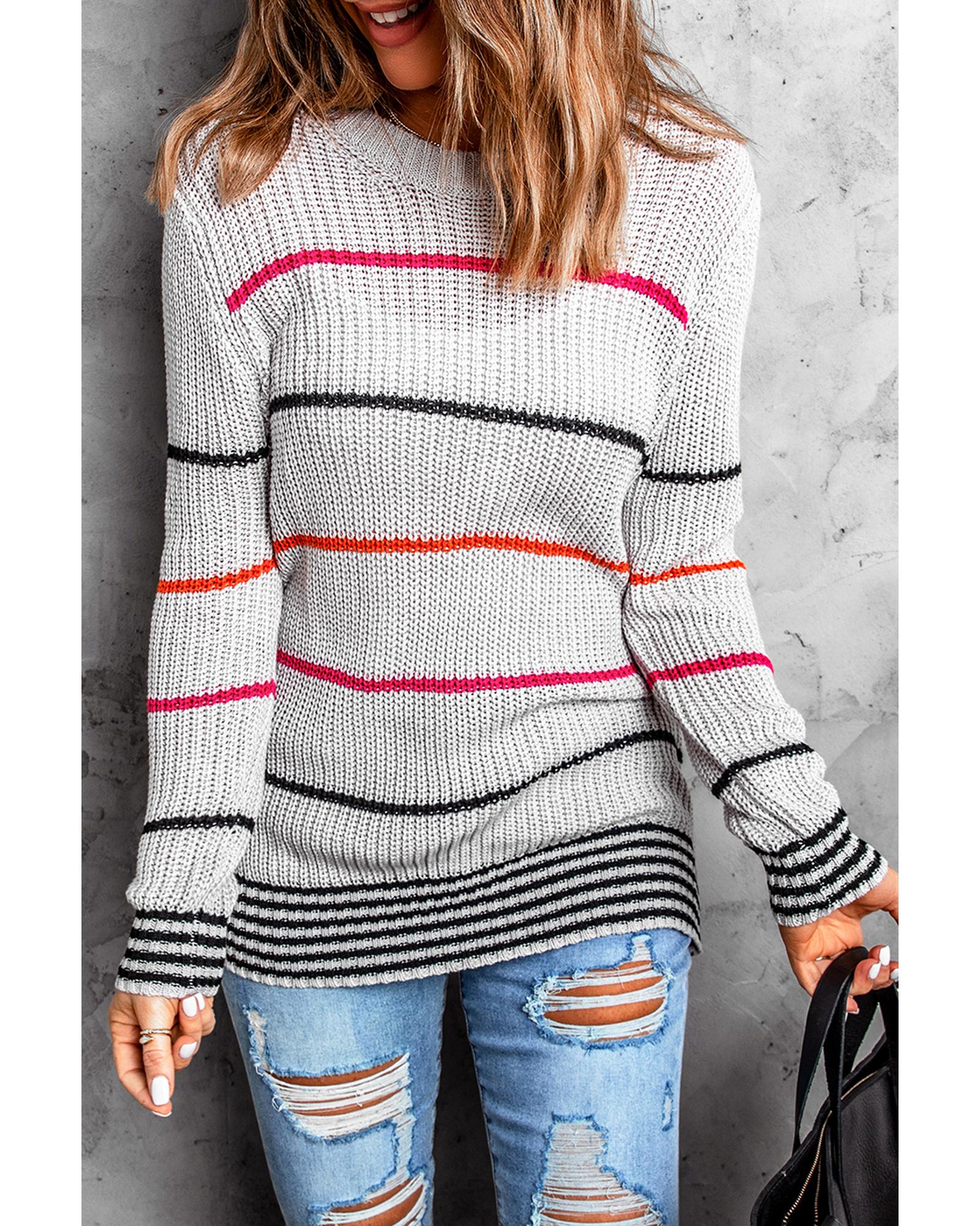 V539-AZEXDC2721559-11-M-202508291255-00 Gray Ribbed Knit Striped Sweater - M - Image 1