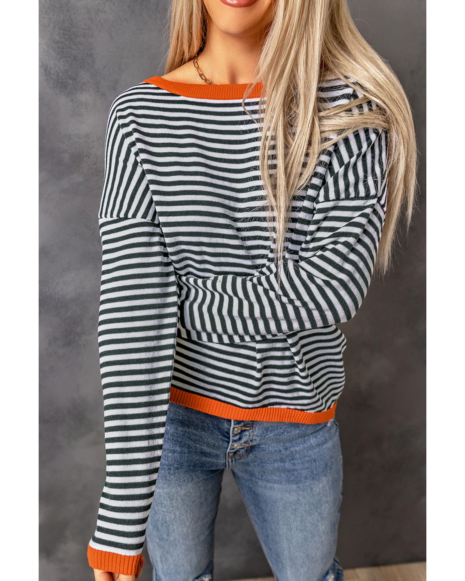 V539-AZEXDC2722270-19-XL-202508290030-00 Contrast Trimmed Striped Drop Shoulder Sweater - XL - Image 1