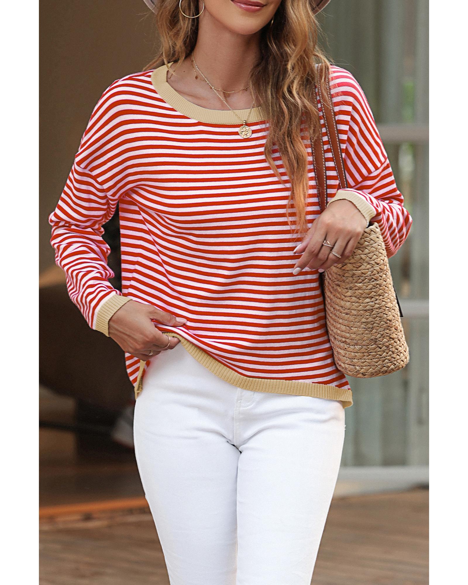 V539-AZEXDC2722270-P3-XXL-202508291600-00 Fiery Red Contrast Trimmed Striped Drop Shoulder Sweater - 2XL - Image 1