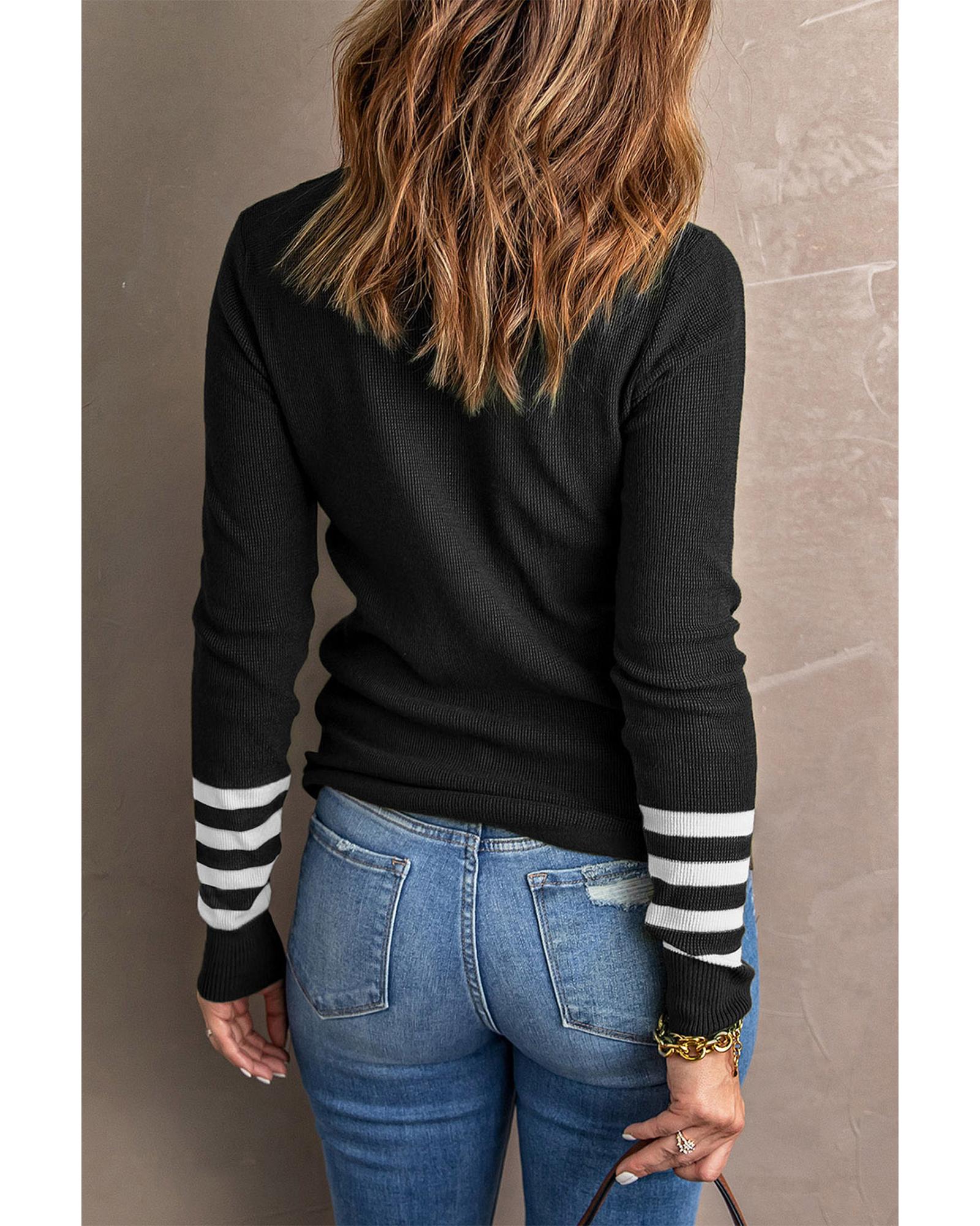 V539-AZEXDC2722274-2-XL-202508292255-00 Black Striped Sleeve Plain Knit Sweater - XL - Image 1