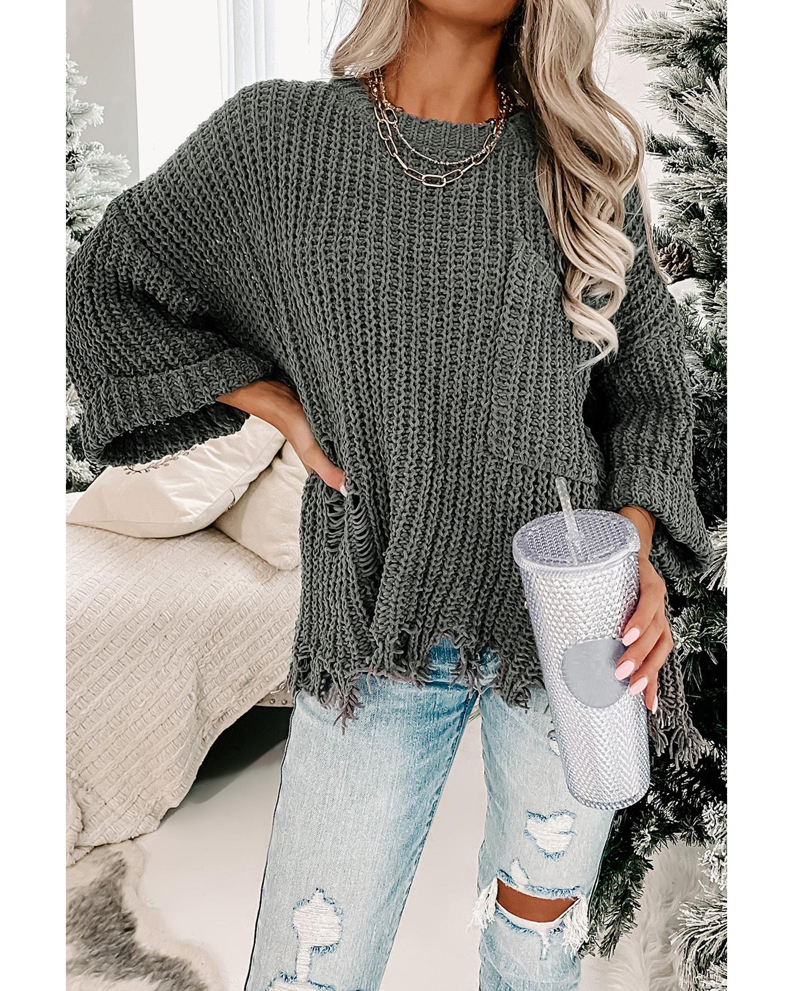 V539-AZEXDC2722374-11-XL-202508281240-00 Gray Ripped Raw Hem Chunky Pullover Sweater - XL - Image 1