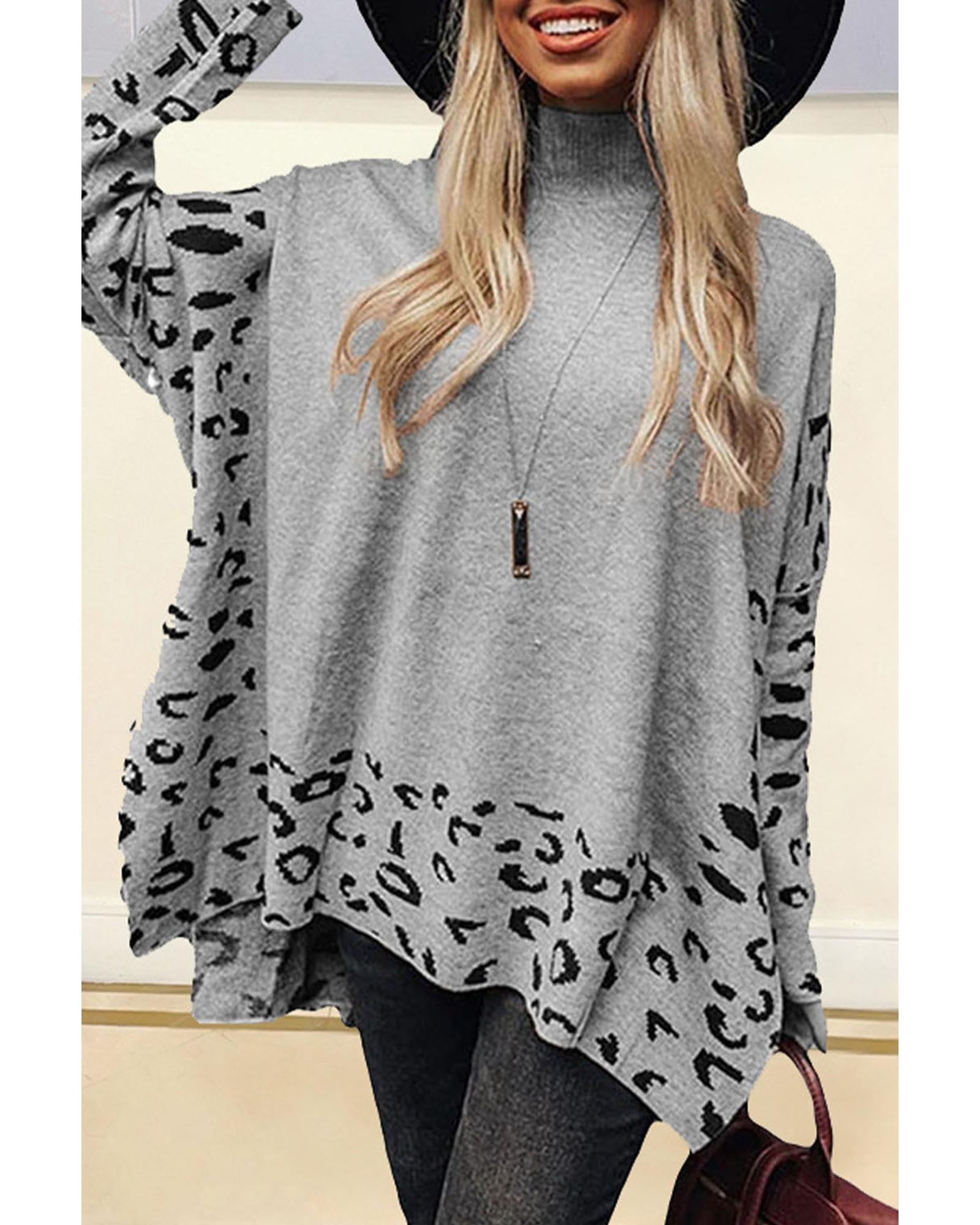 V539-AZEXDC2722386-11-XL-202508282115-00 Gray Leopard High Neck Side Slit Oversized Sweater - XL - Image 1