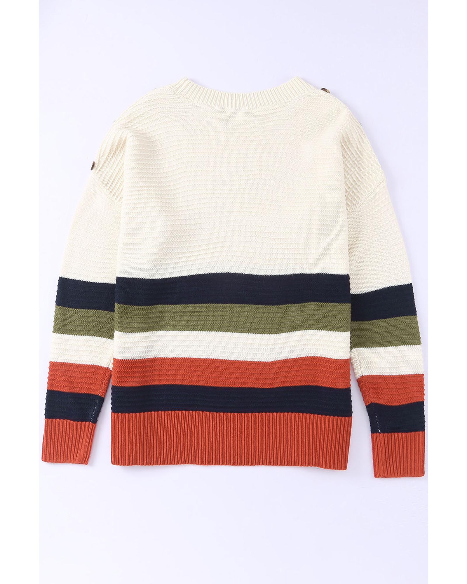 V539-AZEXDC2722536-1-M-202508280025-00 White Buttoned Shoulder Drop Shoulder Striped Sweater - M - Image 1