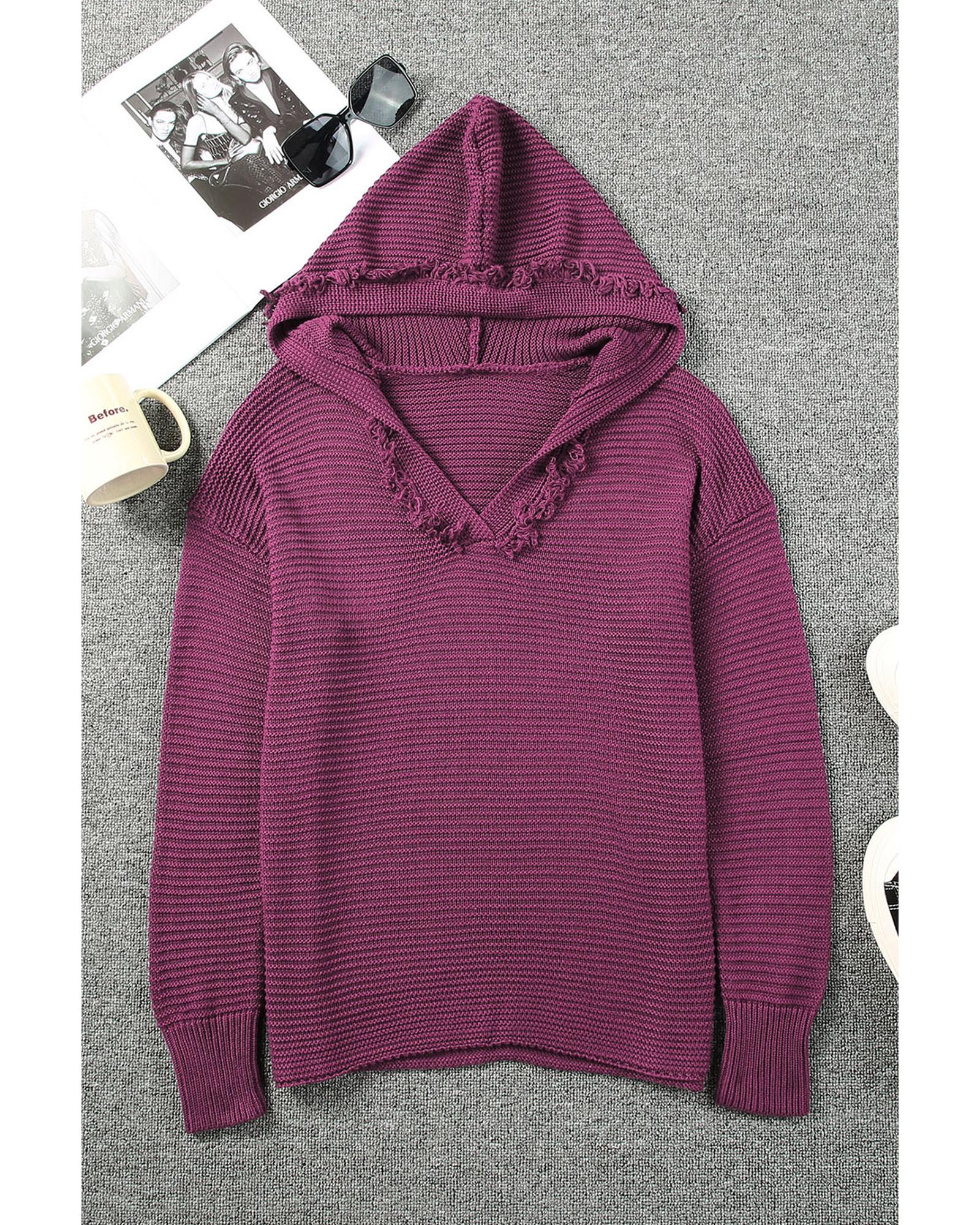 V539-AZEXDC2722612-3-XL-202508290100-00 V Neck Ribbed Drop Shoulder Hooded Sweater - XL - Image 1