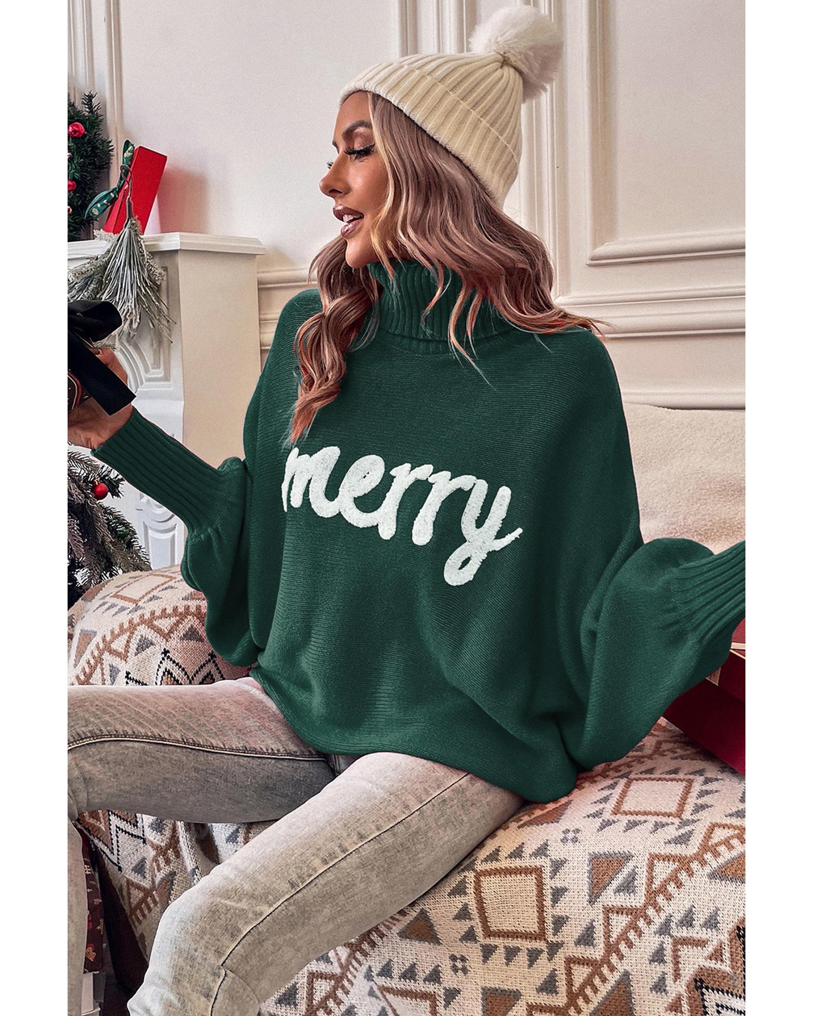 V539-AZEXDC2722817-P309-L-202508280710-00 Blackish Green Merry Letter Embroidered High Neck Sweater - L - Image 1