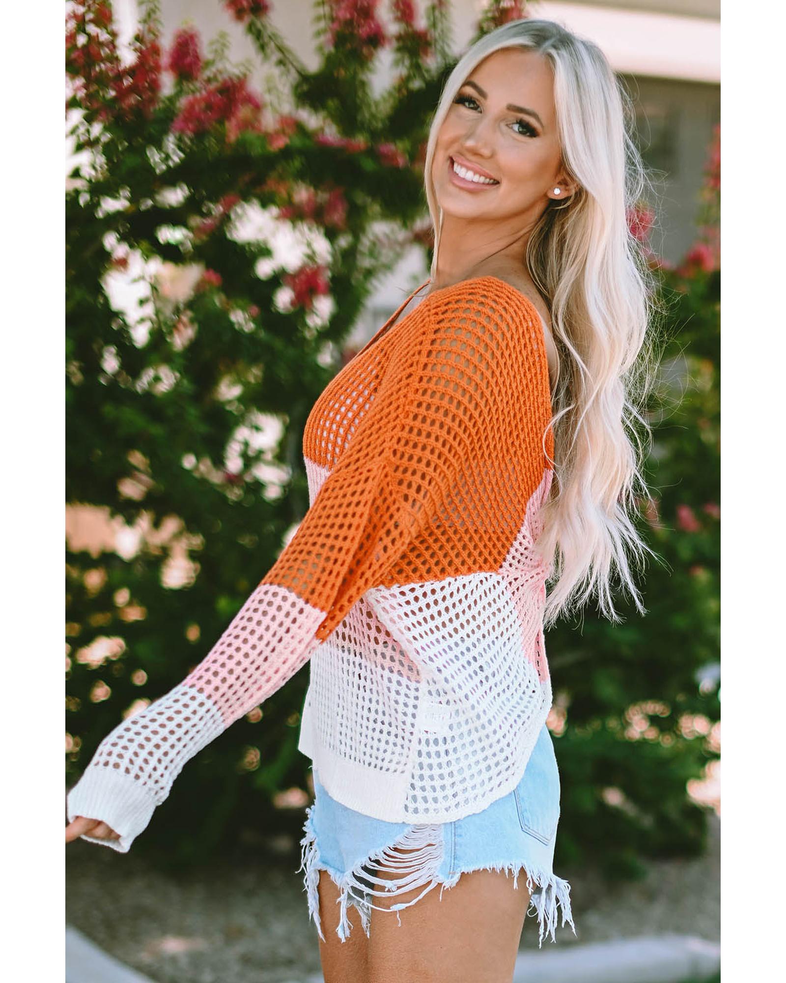 V539-AZEXDC2722903-22-XL-202508290825-00 Azura Exchange Eyelet Knit Top with Twisted Back and Color Block Design - XL - Image 1