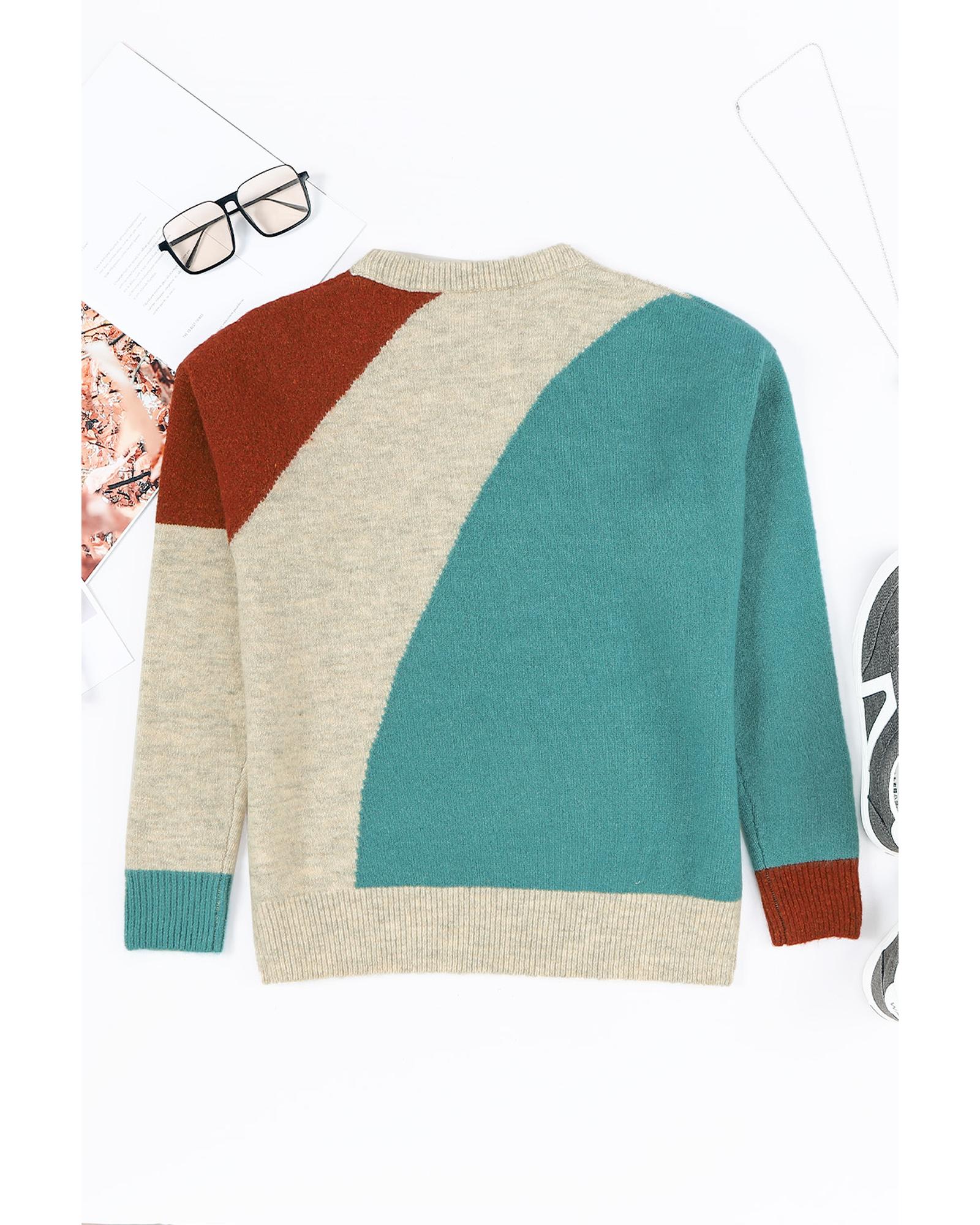 V539-AZEXDC2722952-22-XL-202508281040-00 Multicolor Colorblock Ribbed Trim Round Neck Sweater - XL - Image 1