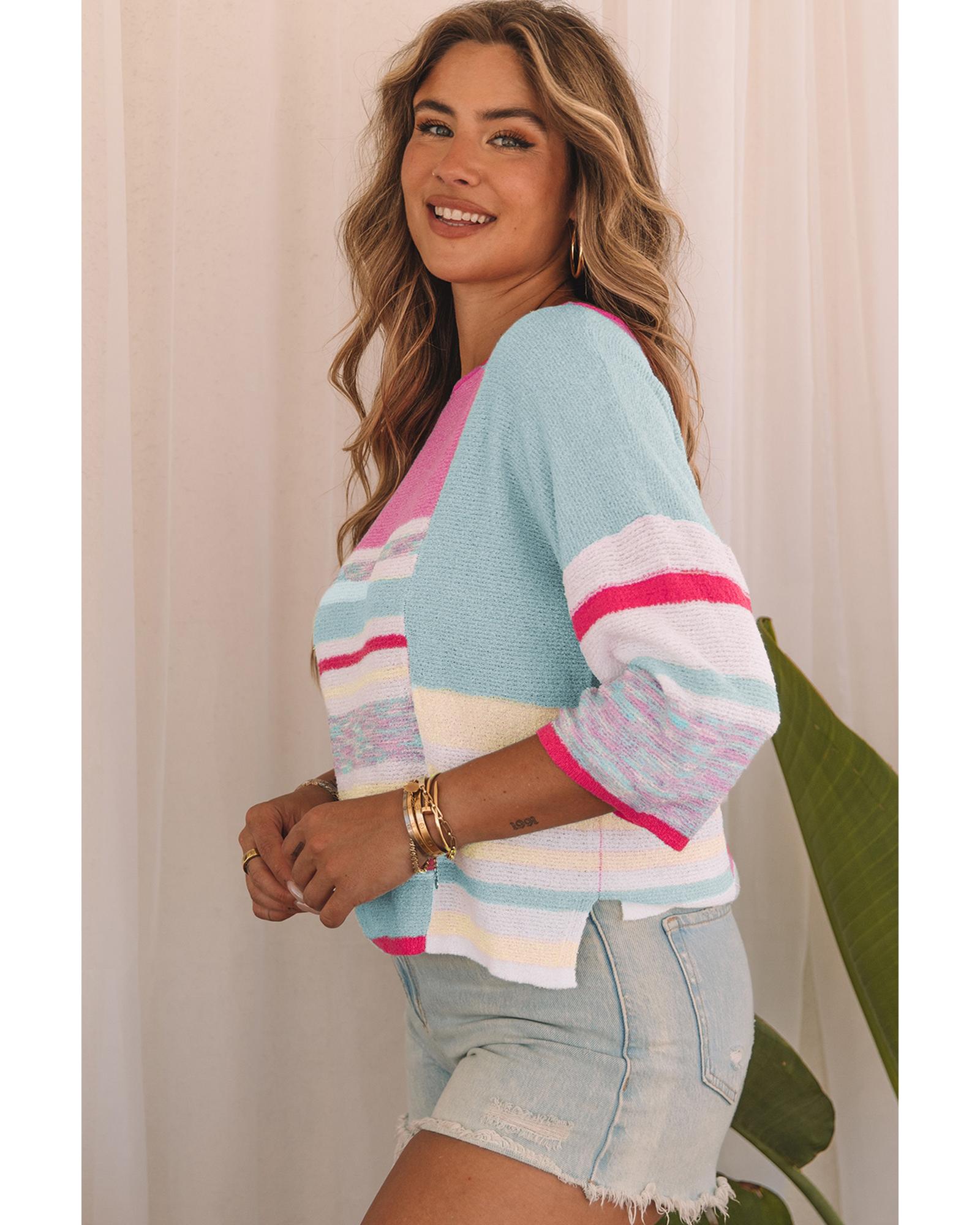V539-AZEXDC2722966-10-XL-202508282330-00 Pink Color Block Striped Three-Quarter Sleeve Knitted Top - XL - Image 1