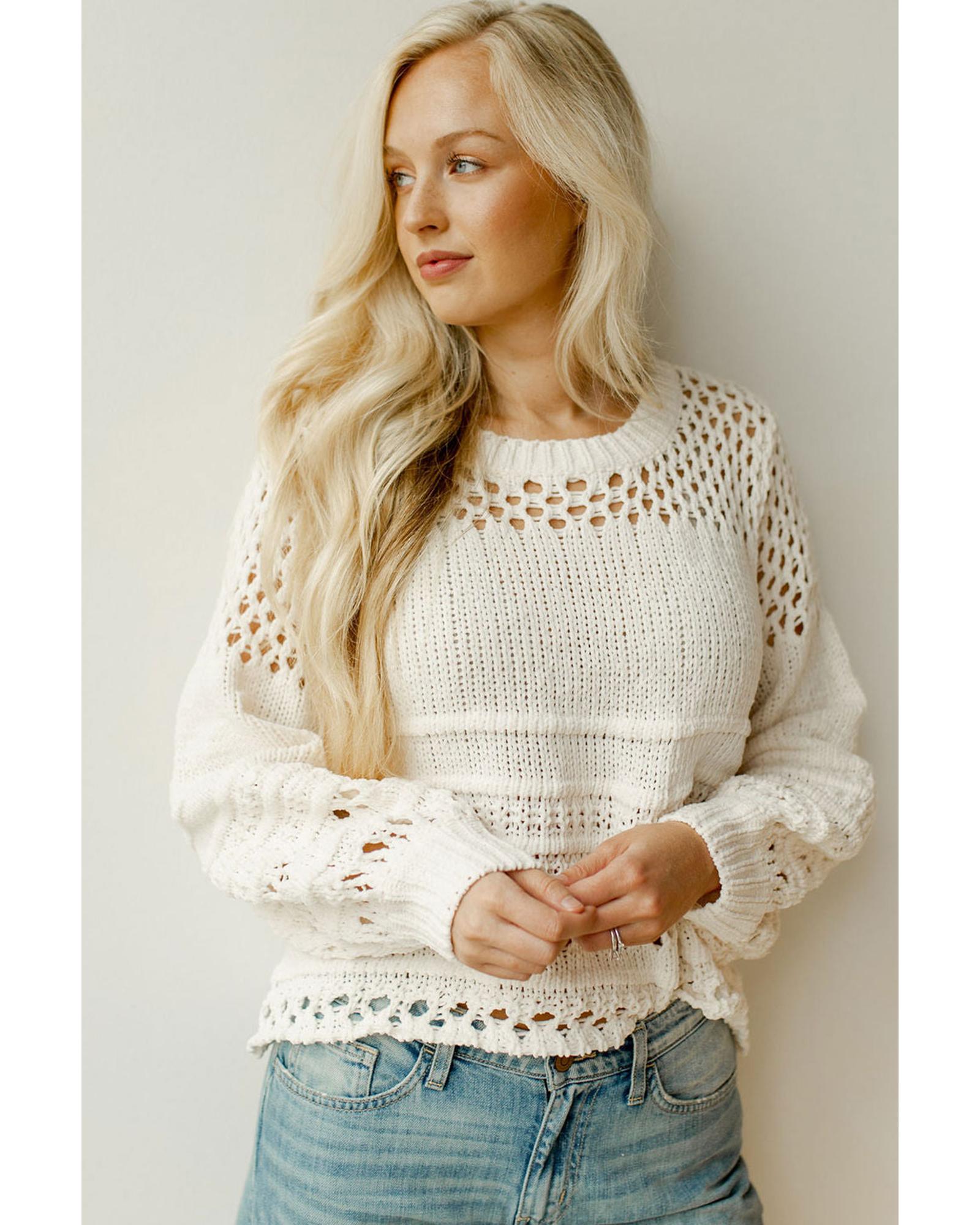 V539-AZEXDC2723026-1-M-202508280930-00 White Solid Color Pointelle Knit Puff Sleeve Sweater - M - Image 1