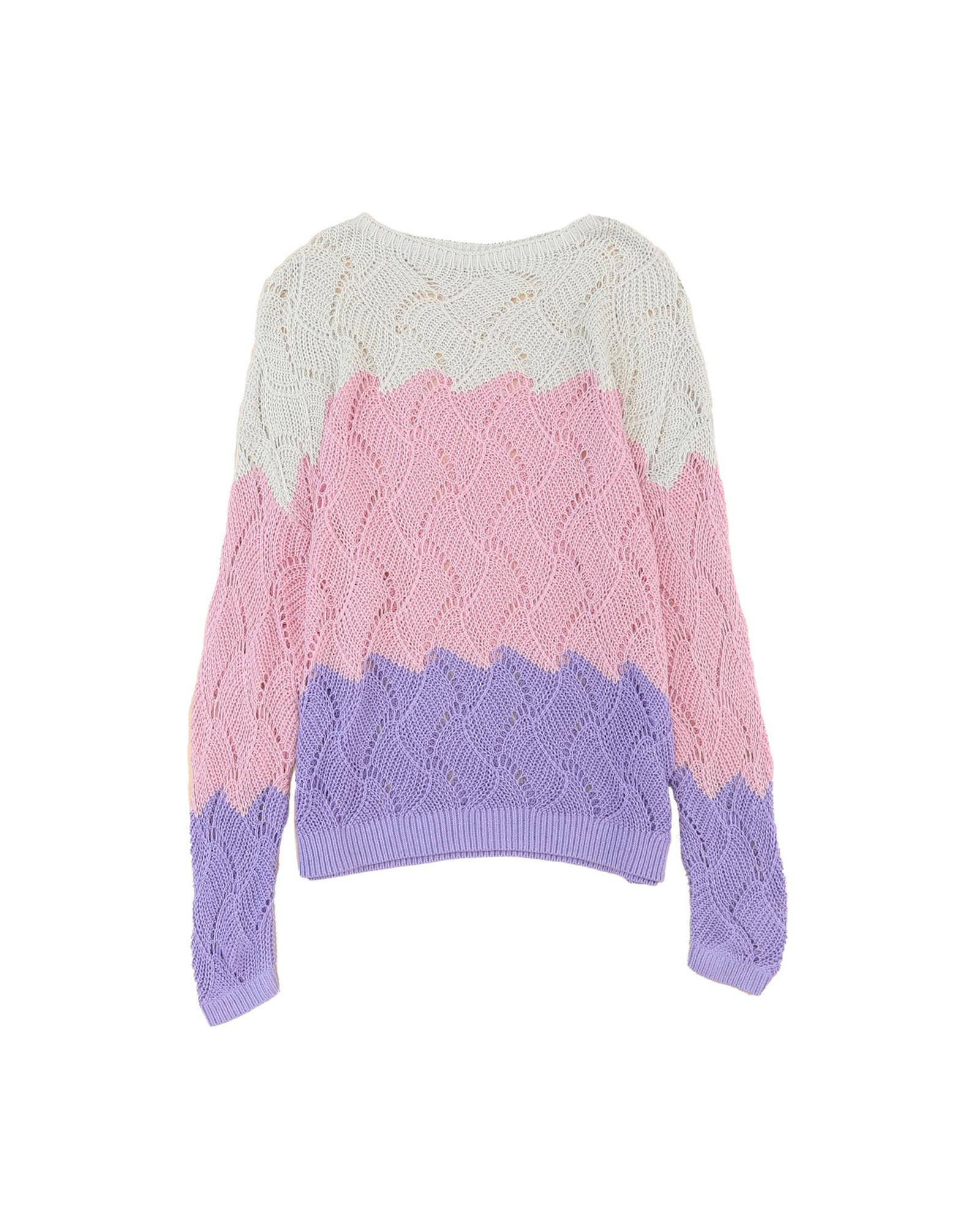 V539-AZEXDC2723066-10-L-202508290210-00 Pink Color Block Hollow Knitted Loose Sweater - L - Image 1