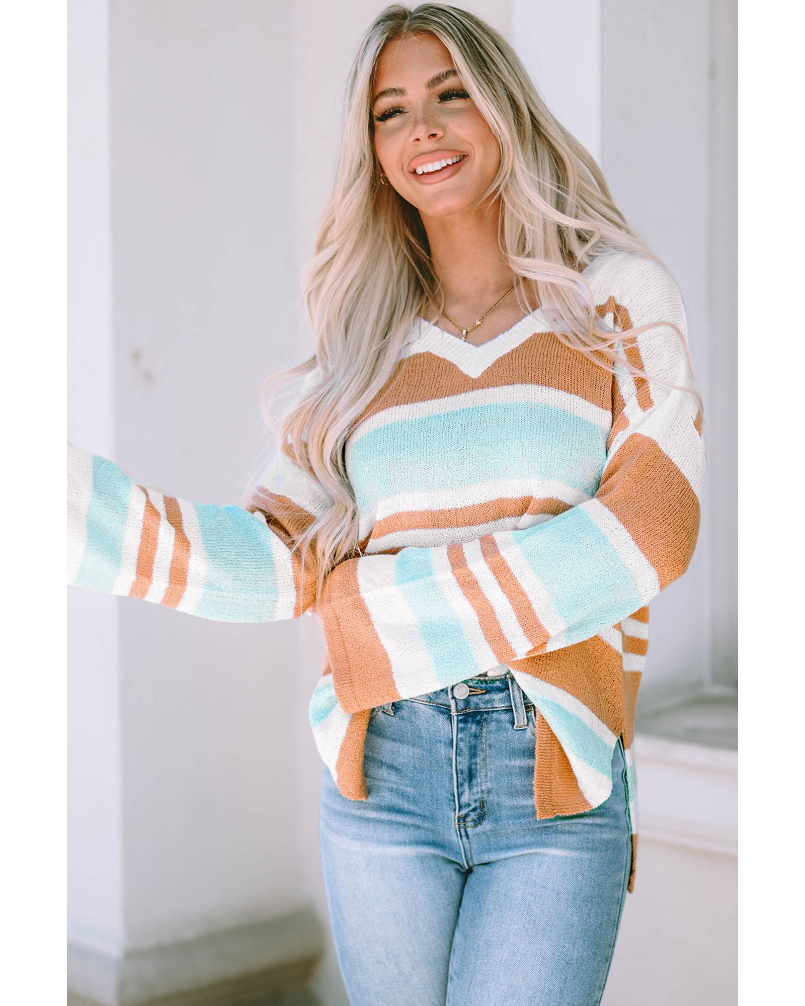 V539-AZEXDC2723144-22-XL-202508292135-00 Multicolor Colorblock Stripe Long Sleeve Split Sweater - XL - Image 1