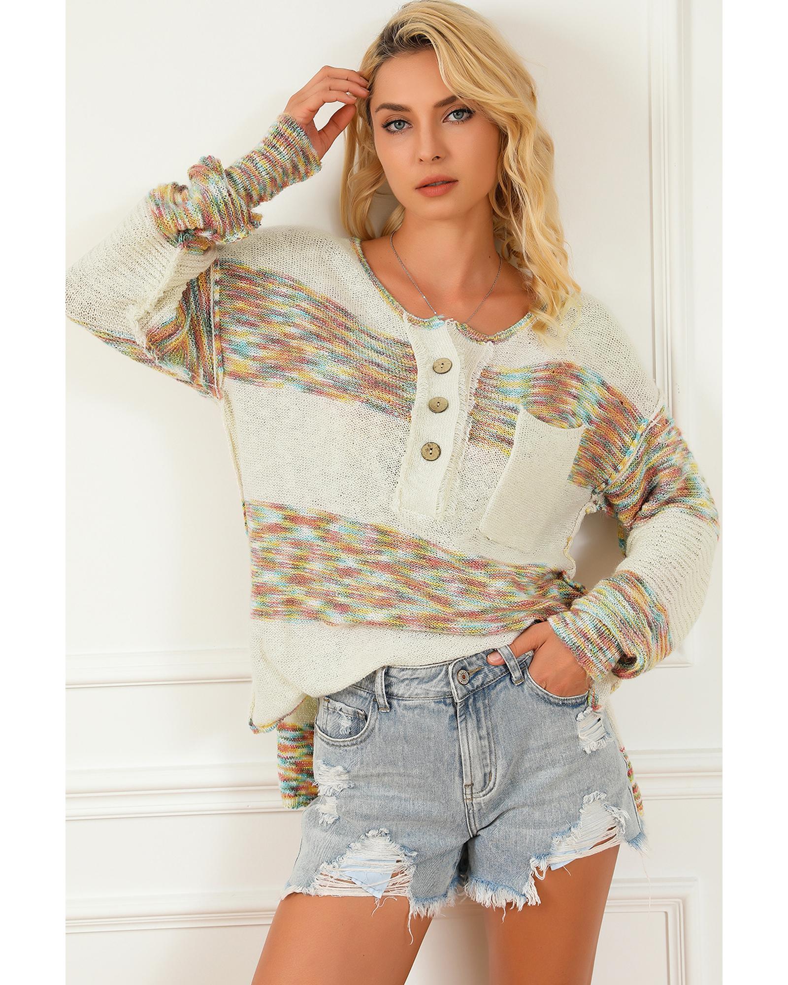 V539-AZEXDC2723151-22-S-202506191752-00 Multicolor Space Dye Henley Knit Sweater - S - Image 1