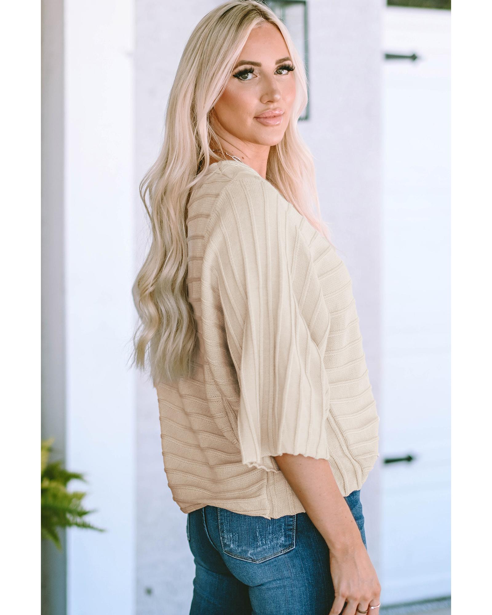 V539-AZEXDC2723218-18-XL-202508280730-00 Apricot Exposed Seam Ribbed Knit Dolman Sweater - XL - Image 1