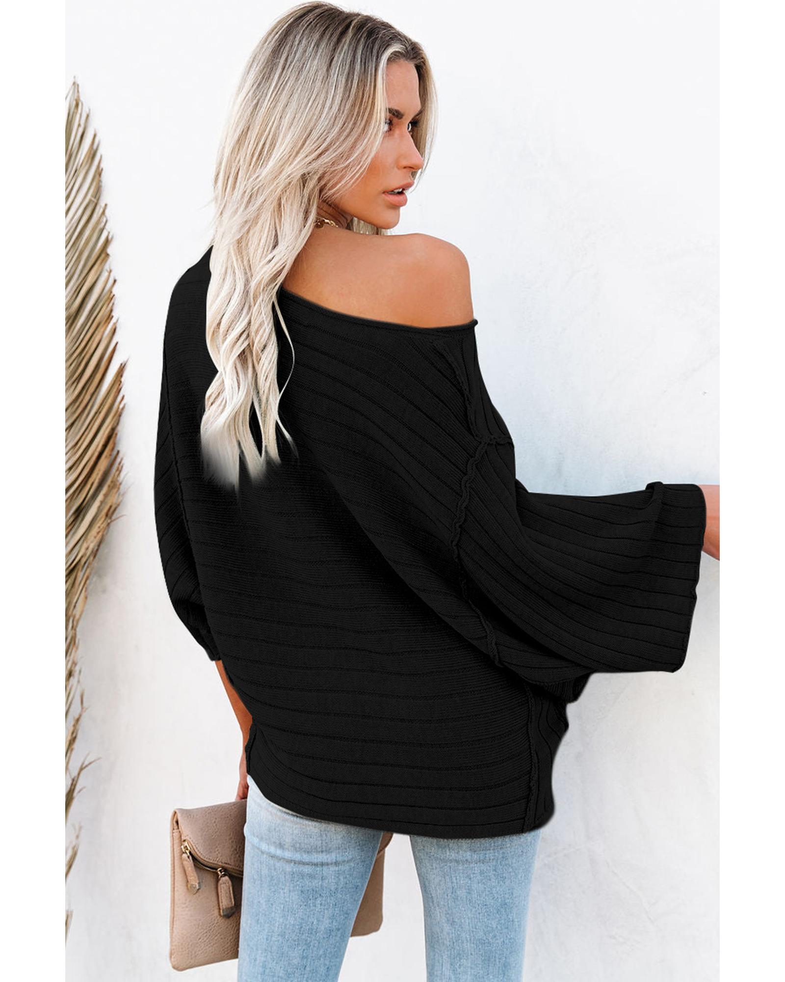V539-AZEXDC2723218-2-S-202506132245-00 Black Exposed Seam Ribbed Knit Dolman Top - S - Image 1