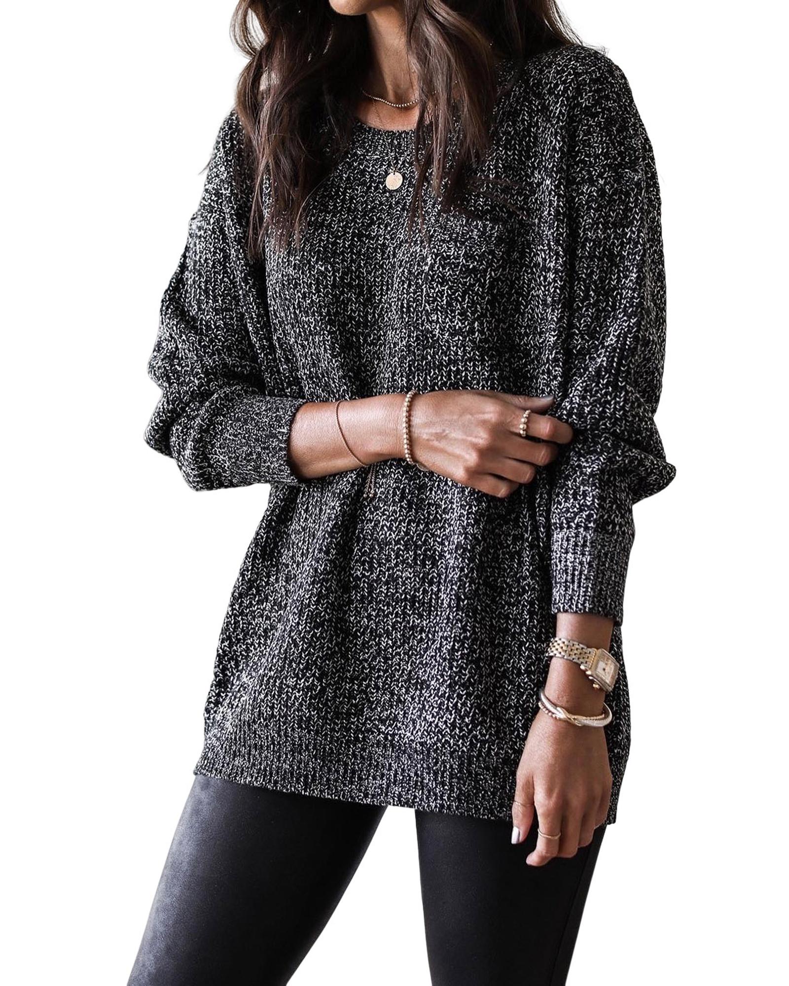 V539-AZEXDC2723323-2-XL-202508281535-00 Azura Exchange Black Glittering Long Sleeve Tunic Sweater - XL - Image 1