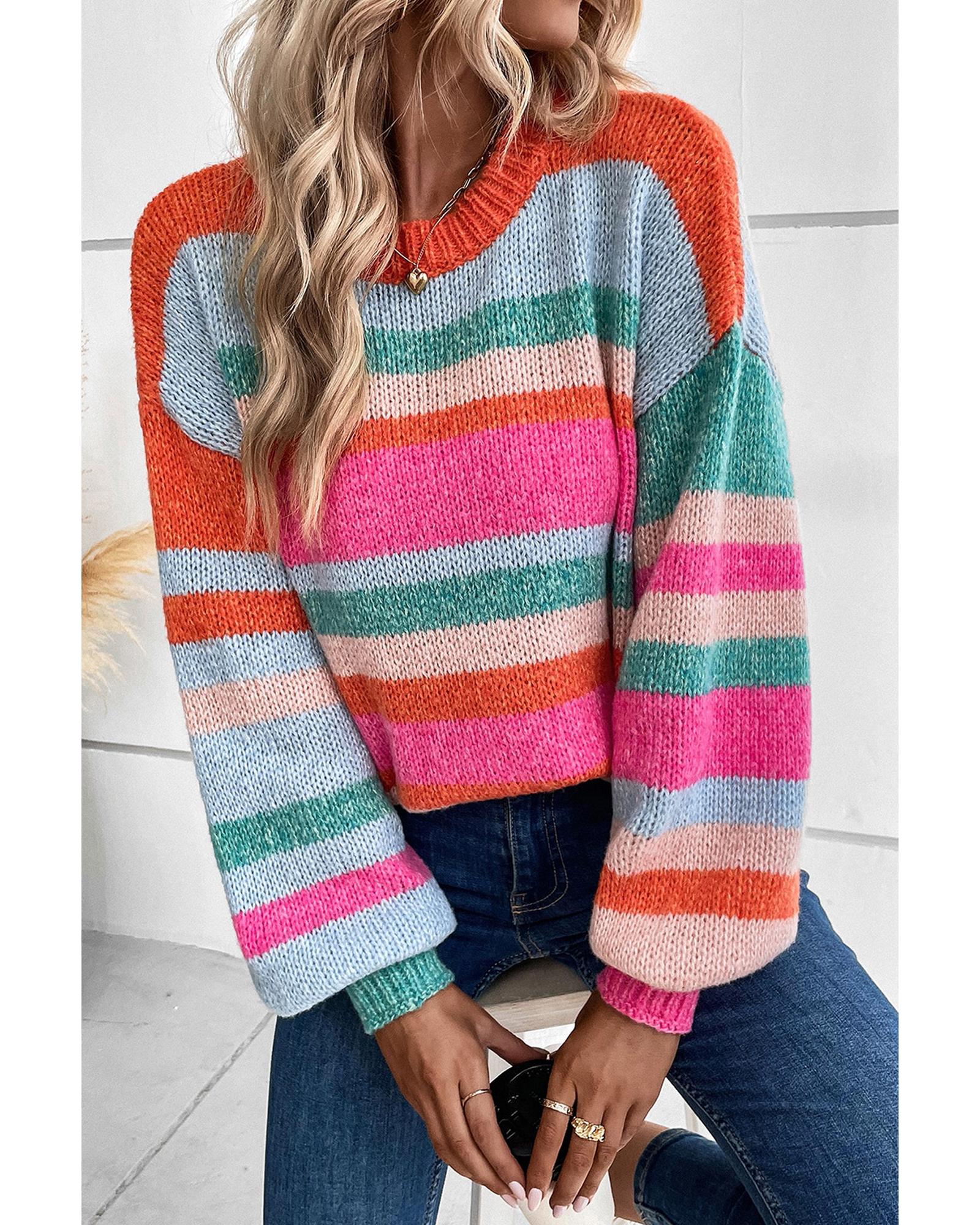V539-AZEXDC2723367-22-S-202506132332-00 Multicolor Striped Knit Drop Shoulder Puff Sleeve Sweater - S - Image 1