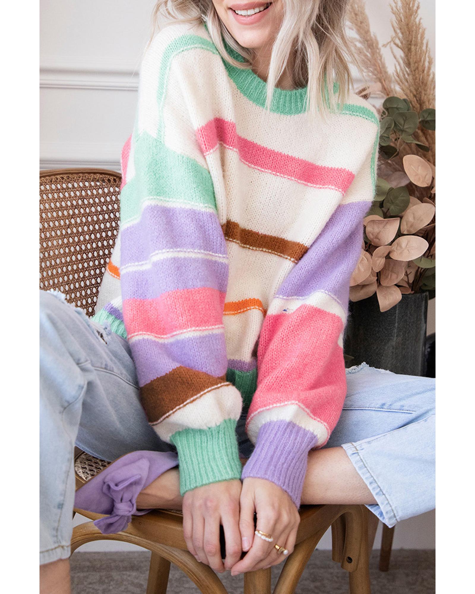 V539-AZEXDC2723438-22-XL-202506132340-00 Multicolor Striped Colorblock Drop Shoulder Sweater - XL - Image 1