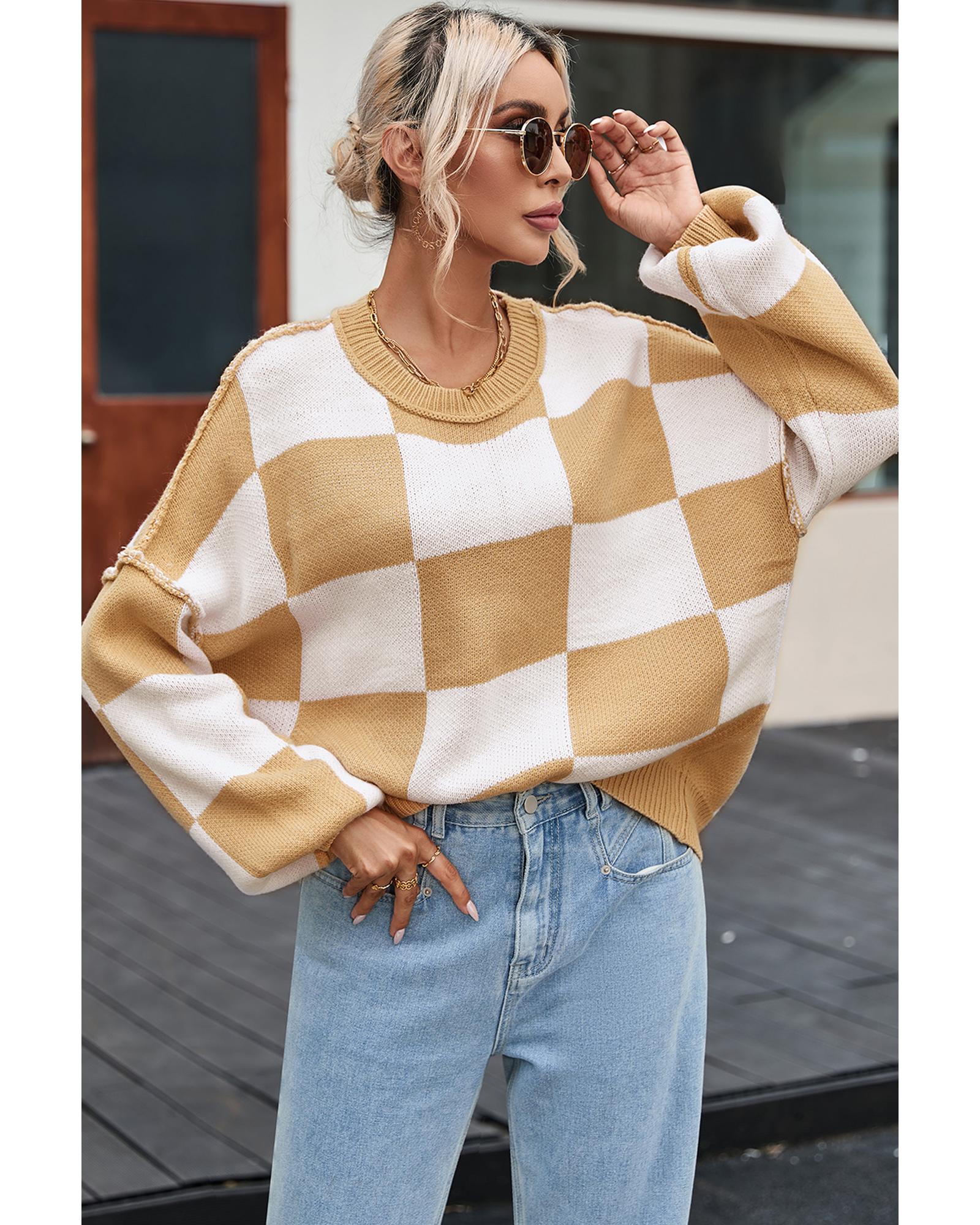 V539-AZEXDC2723492-16-M-202508281635-00 Khaki Checkered Bishop Sleeve Sweater - M - Image 1