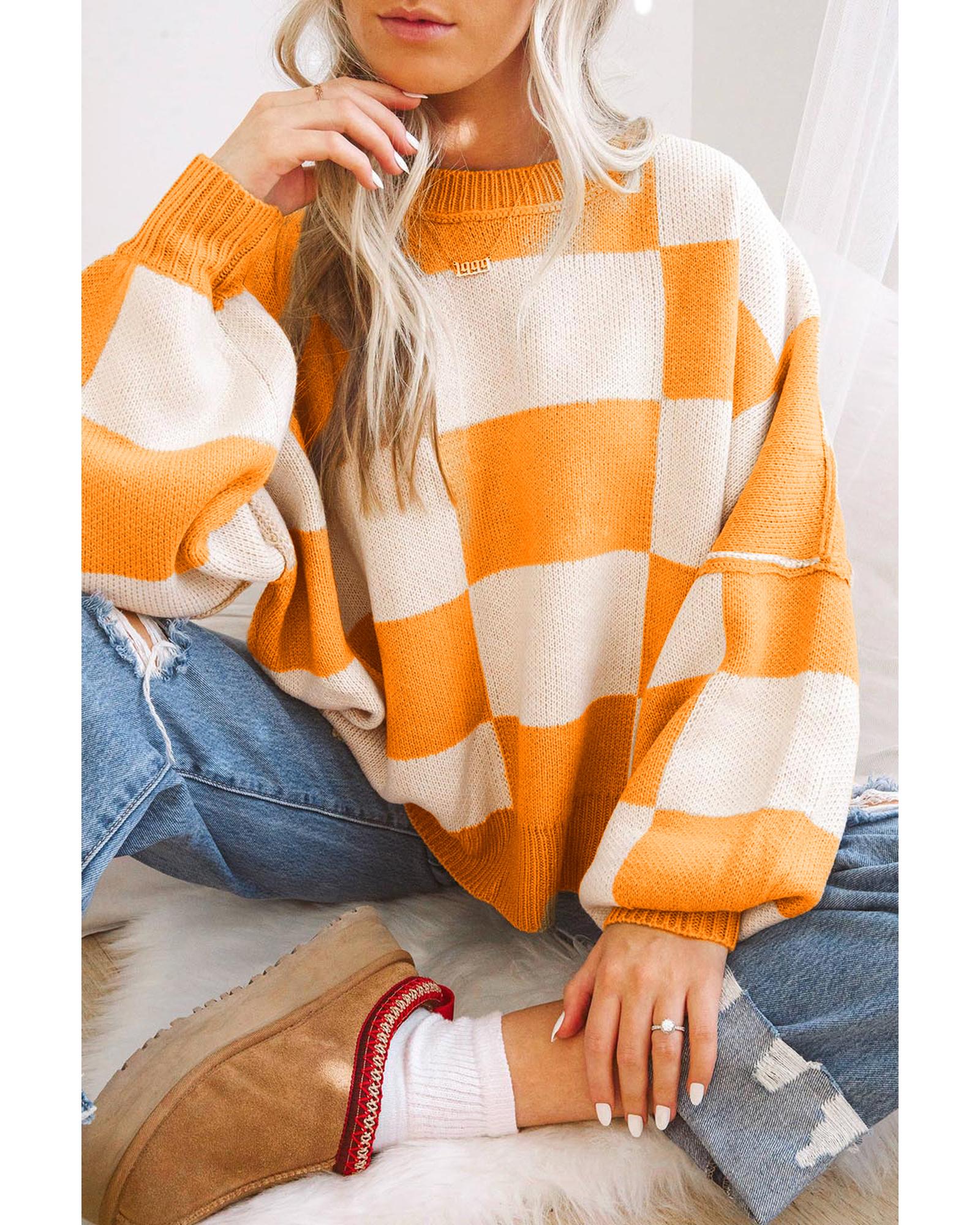 V539-AZEXDC2723492-P3014-S-202506140015-00 Orange Checkered Bishop Sleeve Sweater - S - Image 1