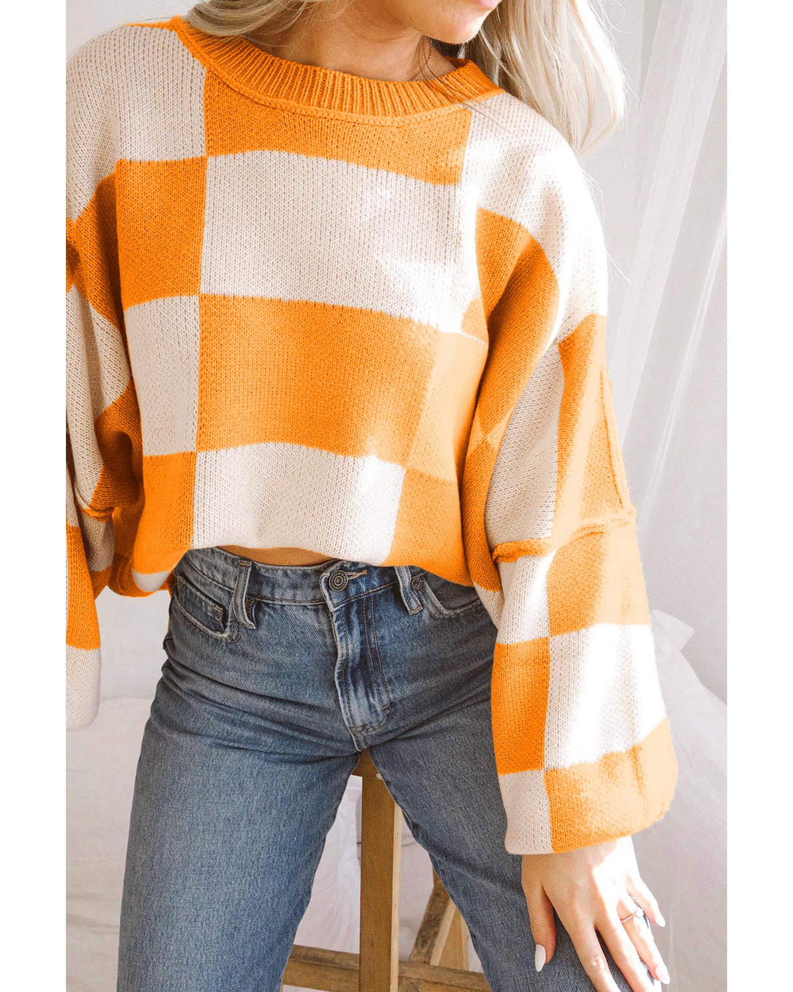 V539-AZEXDC2723492-P3014-XL-202508292050-00 Orange Checkered Bishop Sleeve Sweater - XL - Image 1