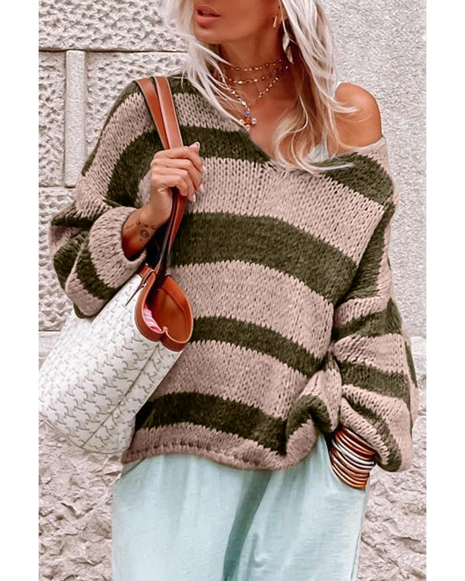 V539-AZEXDC2723616-9-M-202506140036-00 Green Striped Colorblock Knit V Neck Loose Fit Sweater - M - Image 1
