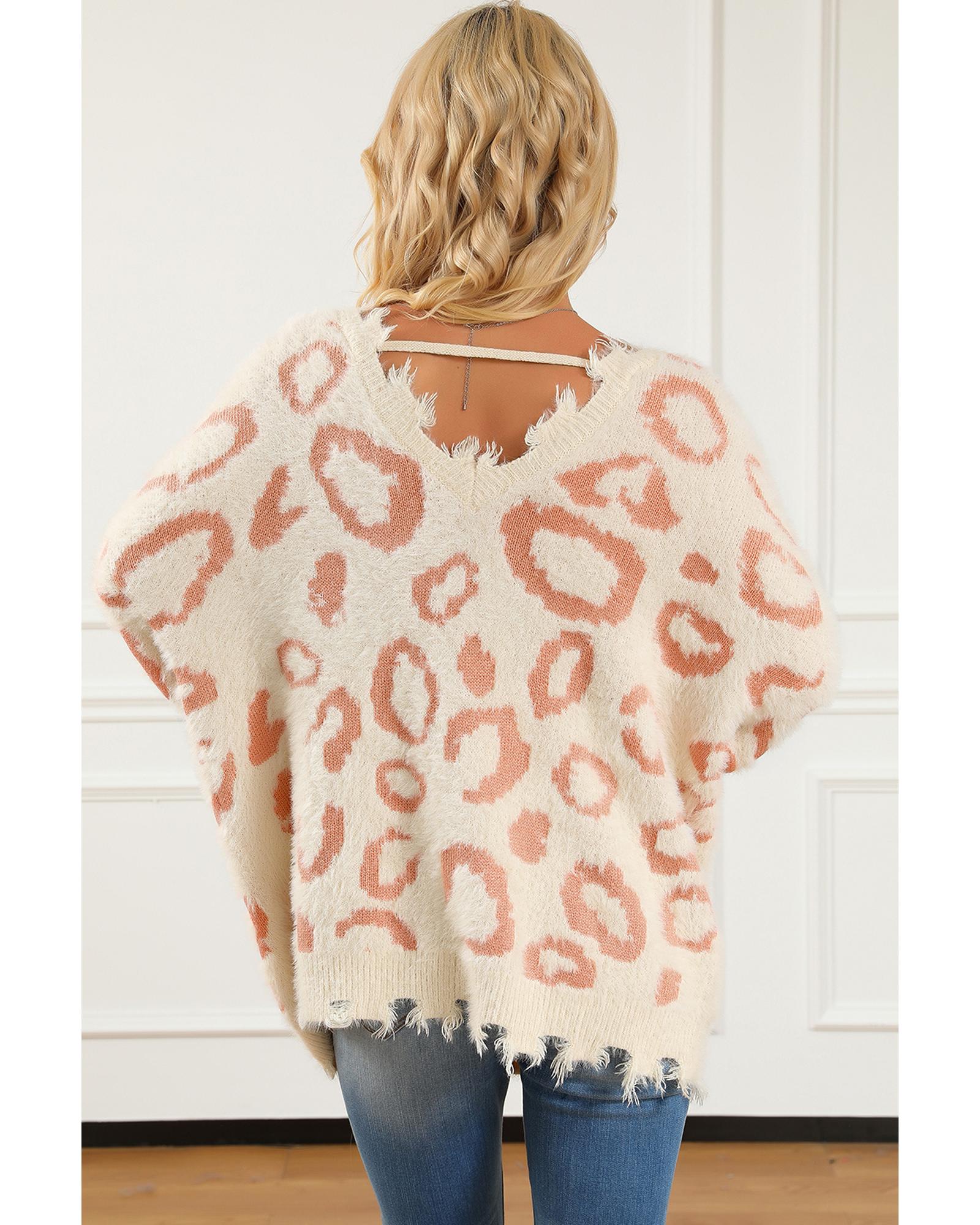 V539-AZEXDC2723630-20-M-202508280050-00 Leopard Animal Print Distressed Trim Fuzzy Sweater - M - Image 1