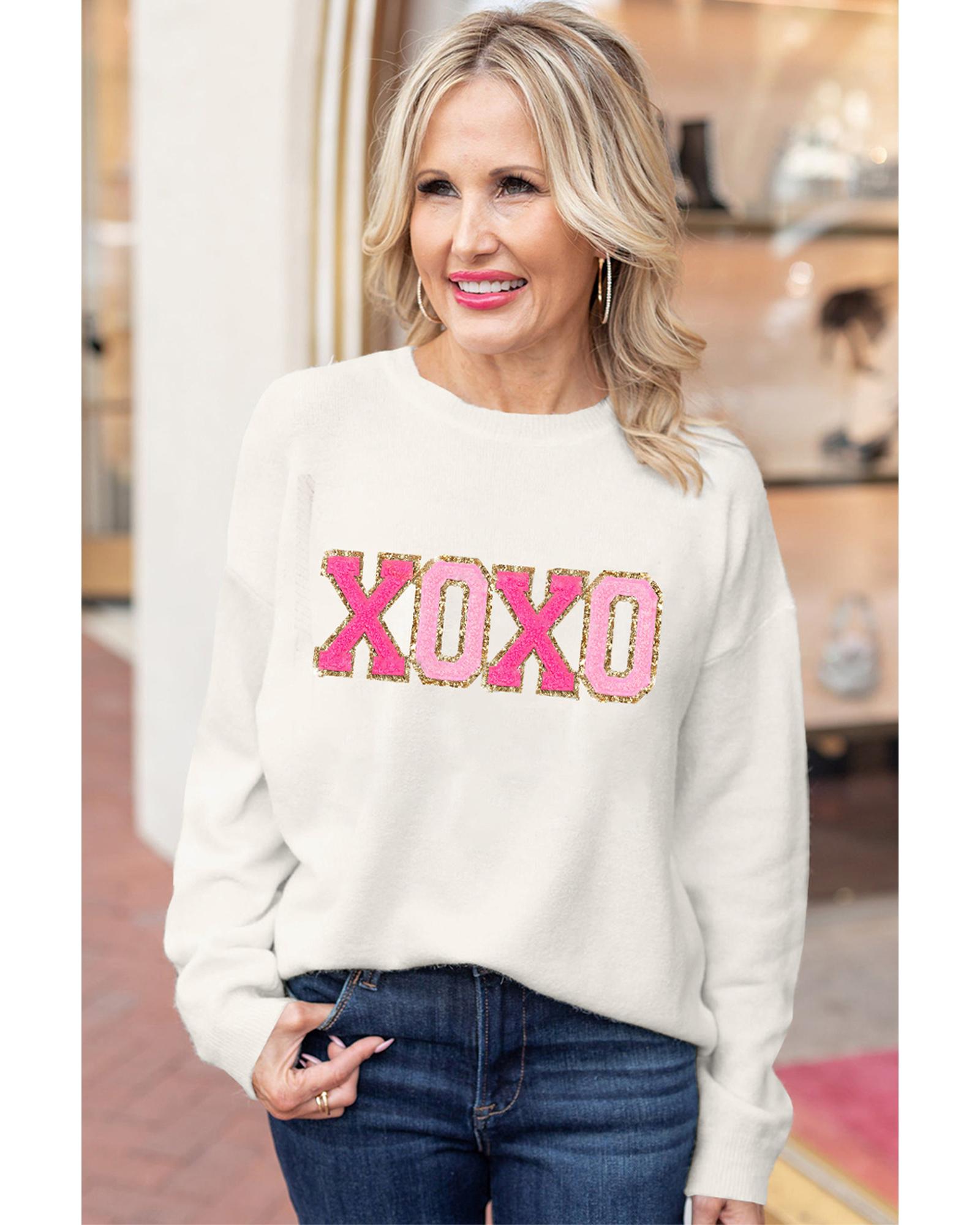 V539-AZEXDC2723655-P122-M-202508290245-00 White XOXO Glitter Print Round Neck Casual Sweater - M - Image 1