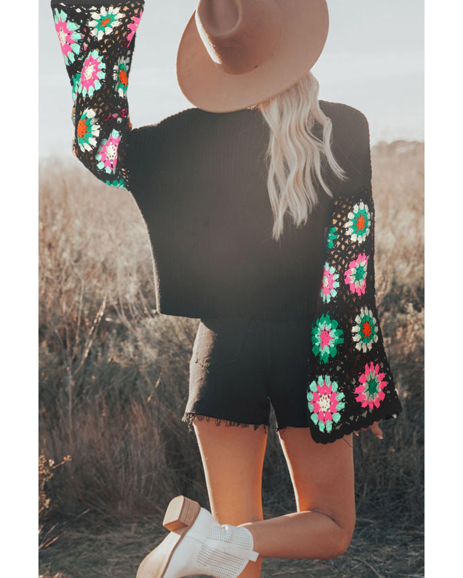 V539-AZEXDC2723676-2-M-202508300230-00 Black Floral Crochet Bell Sleeve Loose Sweater - M - Image 1