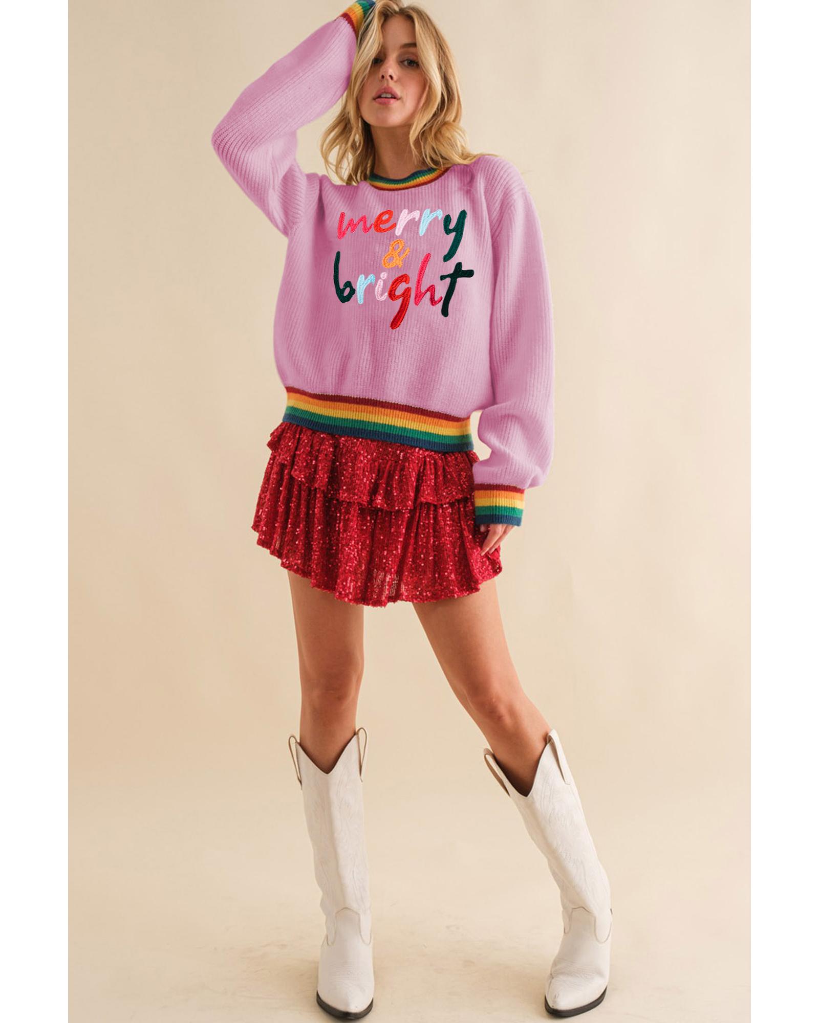 V539-AZEXDC2723729-P3010-L-202506191810-00 Bonbon Merry & Bright Colorful Stripes Trim Sweater - L - Image 1