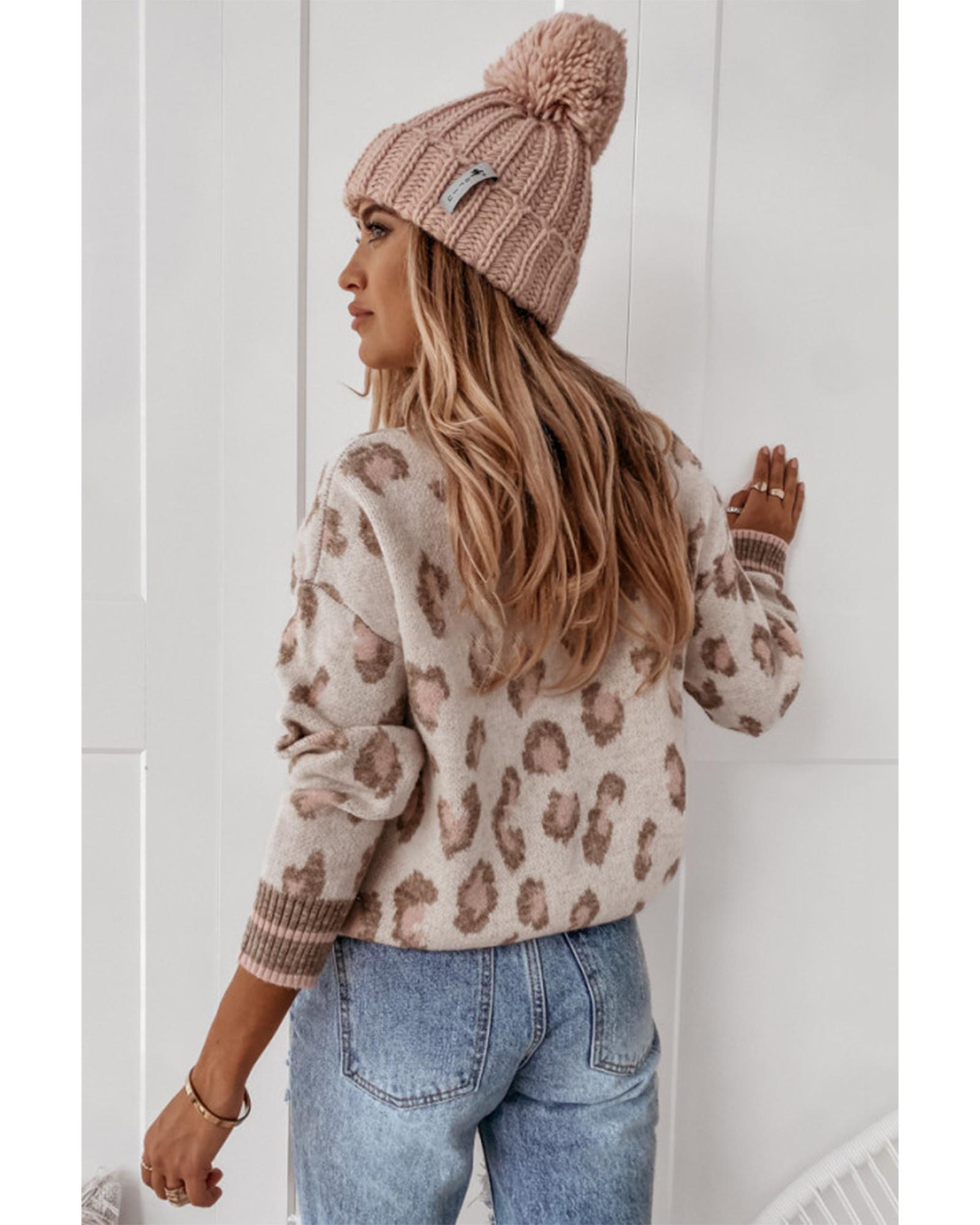 V539-AZEXDC2723742-P17-M-202506140122-00 Brown Two-tone Ribbed Trim Contrast Leopard Sweater - M - Image 1