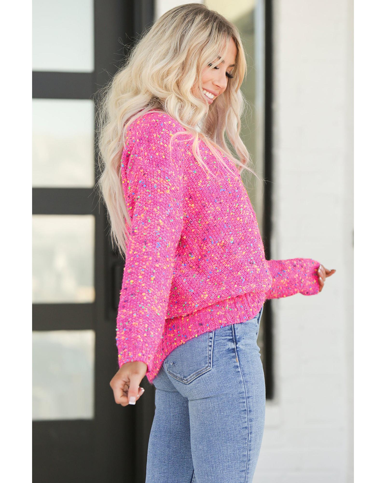 V539-AZEXDC2723780-P106-S-202506140127-00 Dark Pink Colorful Spots Knitted V Neck Casual Sweater - S - Image 1
