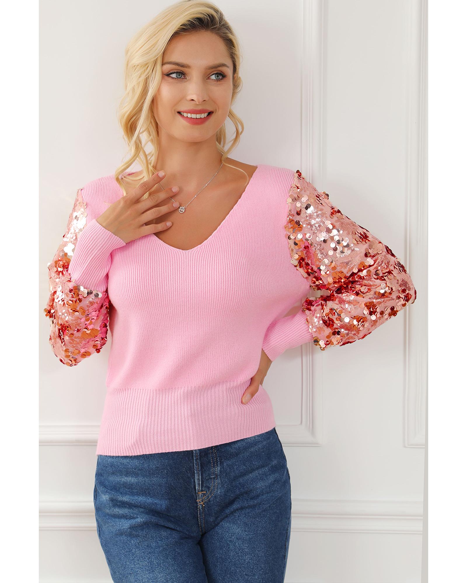 V539-AZEXDC2723805-P10-M-202506140130-00 Pink Contrast Sequin Sleeve V Neck Ribbed Knit Sweater - M - Image 1