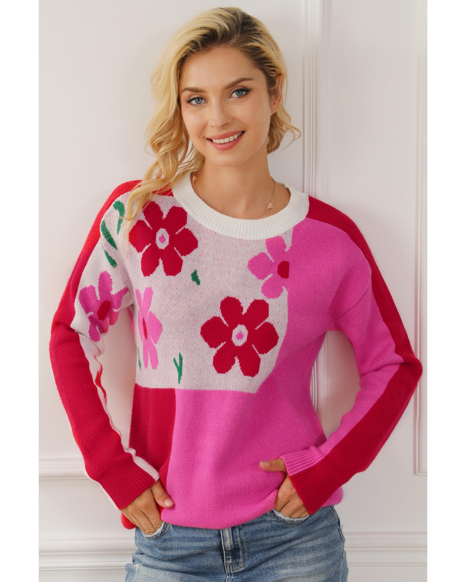 V539-AZEXDC2723850-P6-S-202508291930-00 Rose Red Floral Mixed Color Block Sweater - S - Image 1
